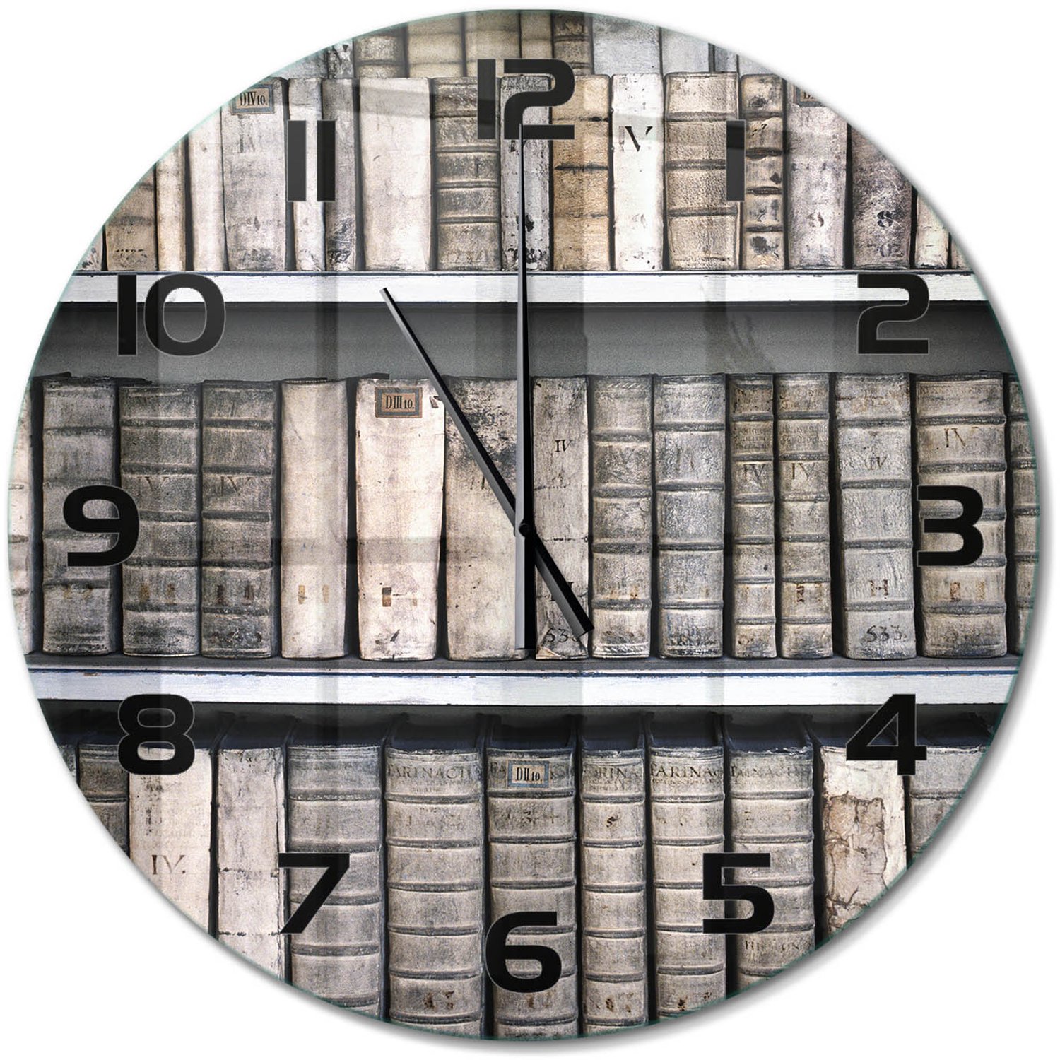 TULUP Wandklok - Boekenplank Gekleurde Glazen Klok - fi60 cm - Beige Glazen Klok Met Print - Zwarte handen - Ronde Klok - Moderne Wandklok Glas - Wandklok Glas Decoratie
