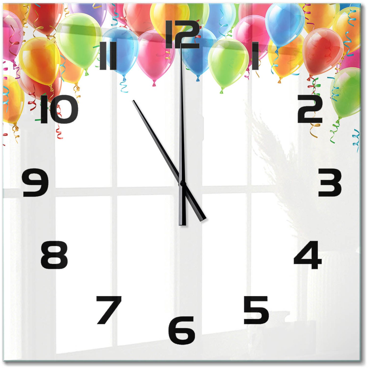 TULUP Wandklok - Kleurrijke ballonnen Wandklok Glas Decoratie - 60x60 cm - Veelkleurig Gekleurde Glazen Klok - Zwarte handen - Vierkante Klok - Klok Glas Met Opdruk - Moderne Wandklok Glas