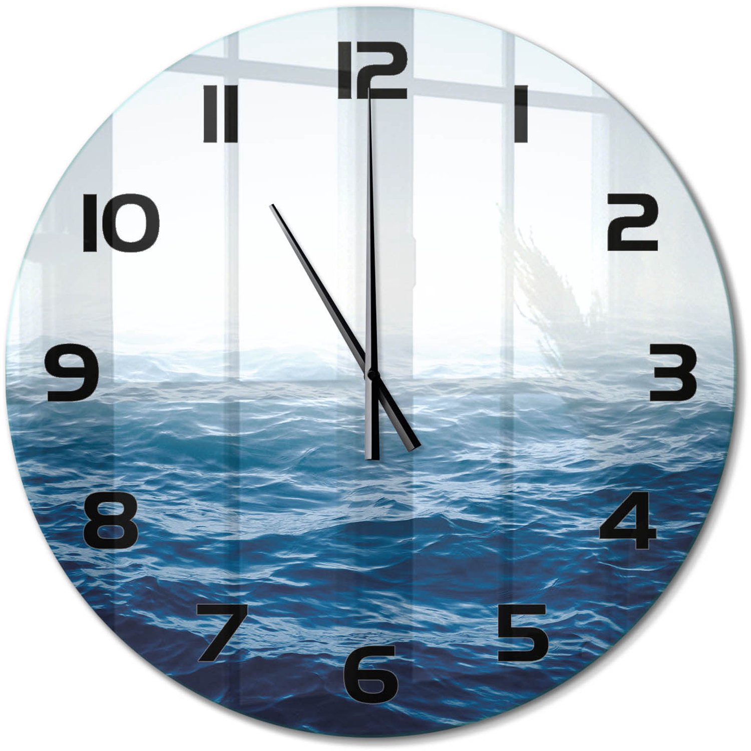 TULUP Wandklok - Oceaangolven Wandklok Glas Decoratie - fi60 cm - Blauw Gekleurde Glazen Klok - Zwarte handen - Ronde Klok - Klok Glas Met Opdruk - Moderne Wandklok Glas