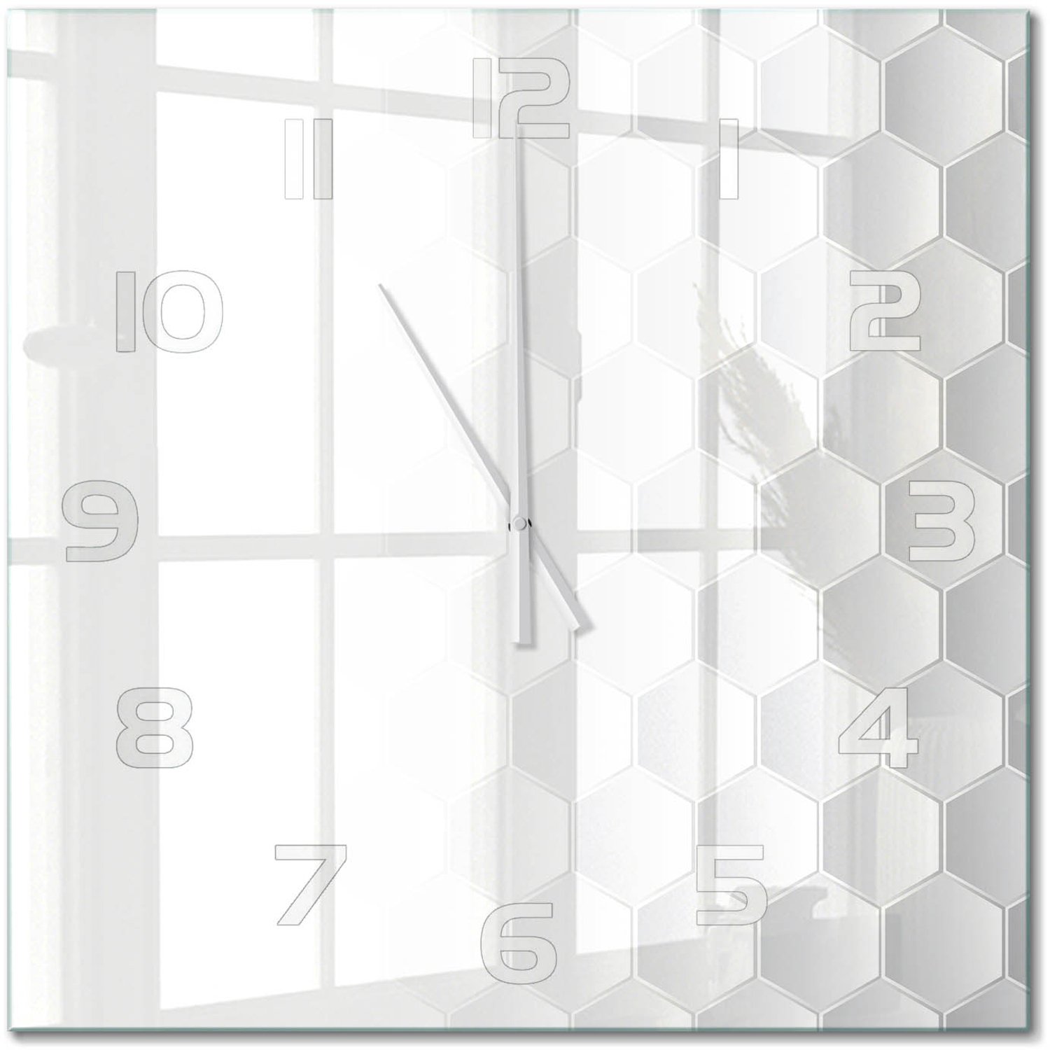 TULUP Wandklok - Zeshoekige achtergrond Moderne Wandklok Glas - 60x60 cm - Wit Wandklok Glas Decoratie - Witte handen - Vierkante Klok - Glazen Wandklok Design - Klok Glas Met Opdruk