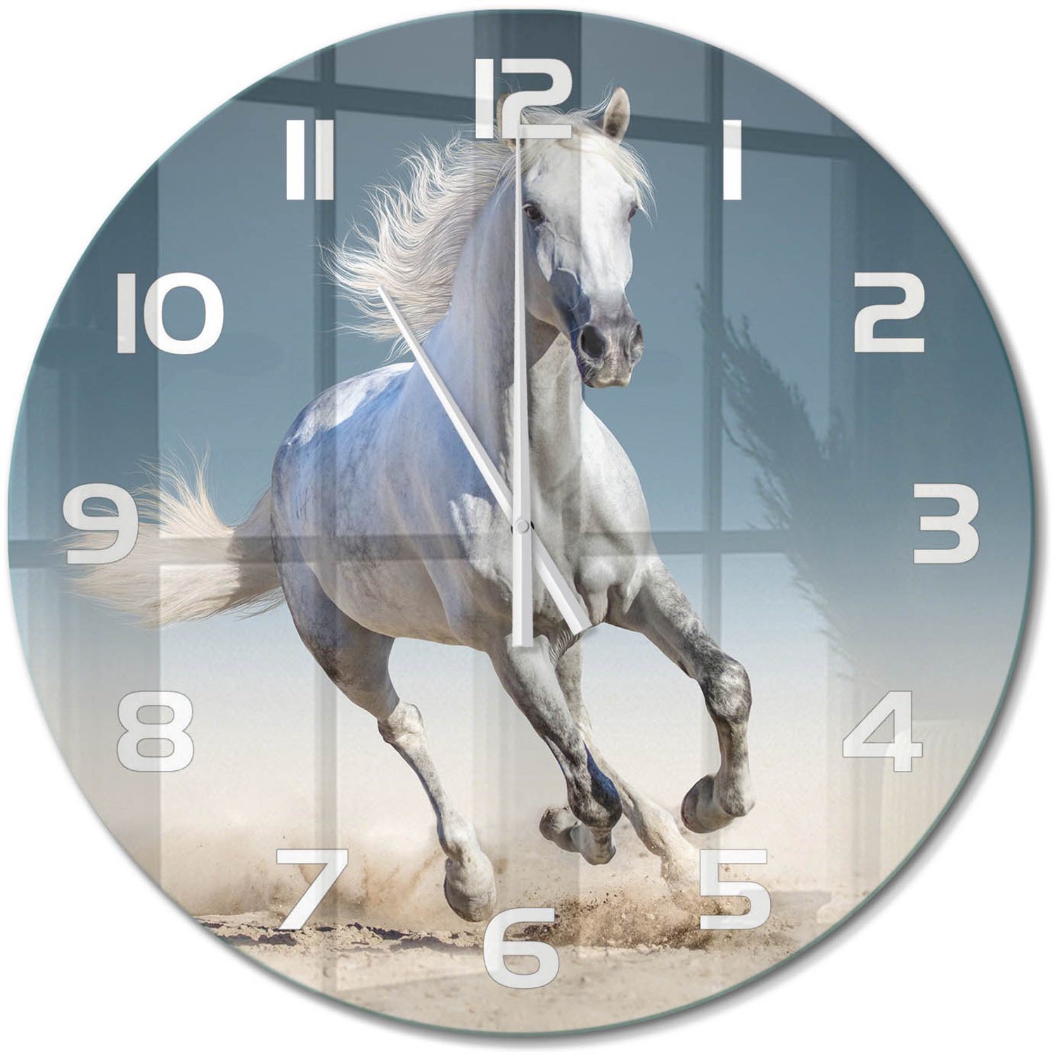 TULUP Wandklok - Galopperend grijs paard Klok Glas Met Opdruk - fi60 cm - Wit Moderne Wandklok Glas - Witte handen - Ronde Klok - Decoratieve Glazen Klok - Glazen Wandklok Design