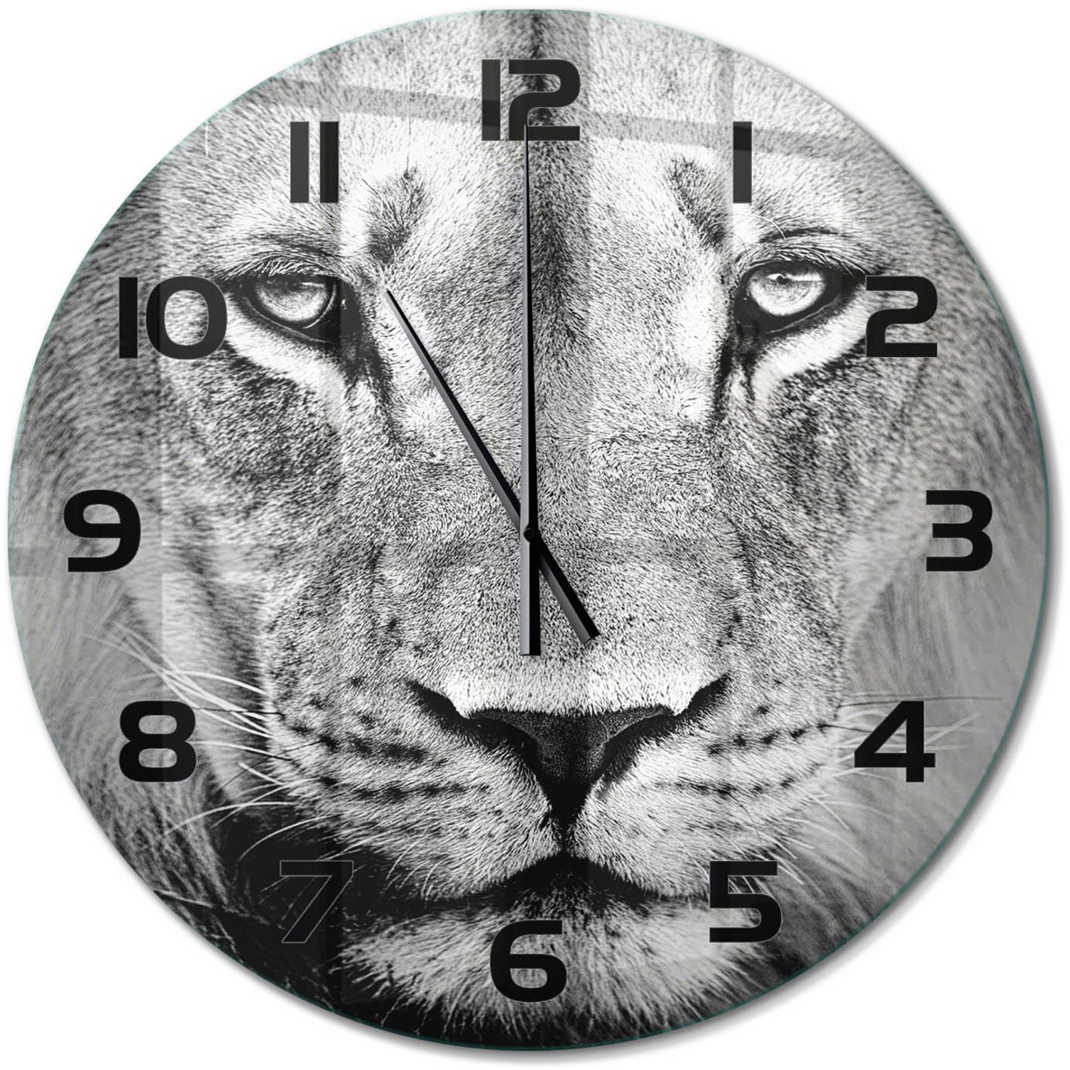 TULUP Wandklok - Leeuw Wandklok Glas Met Motief - fi60 cm - Zwart-wit Decoratieve Glazen Klok - Zwarte handen - Ronde Klok - Gekleurde Glazen Klok - Glazen Klok Met Print