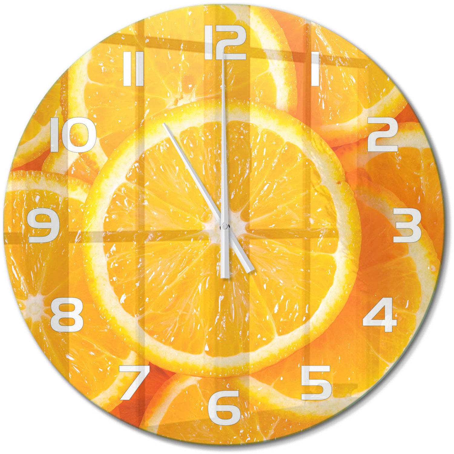 TULUP Wandklok - Sinaasappelschijfjes Klok Glas Met Opdruk - fi60 cm - Oranje Moderne Wandklok Glas - Witte handen - Ronde Klok - Decoratieve Glazen Klok - Glazen Wandklok Design