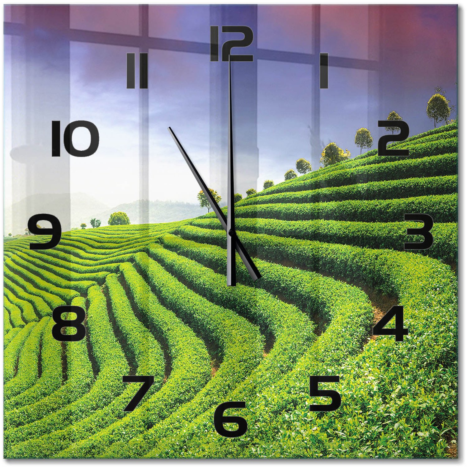 TULUP Wandklok - Theeplantage Wandklok Glas Met Motief - 60x60 cm - Groente Decoratieve Glazen Klok - Zwarte handen - Vierkante Klok - Gekleurde Glazen Klok - Glazen Klok Met Print