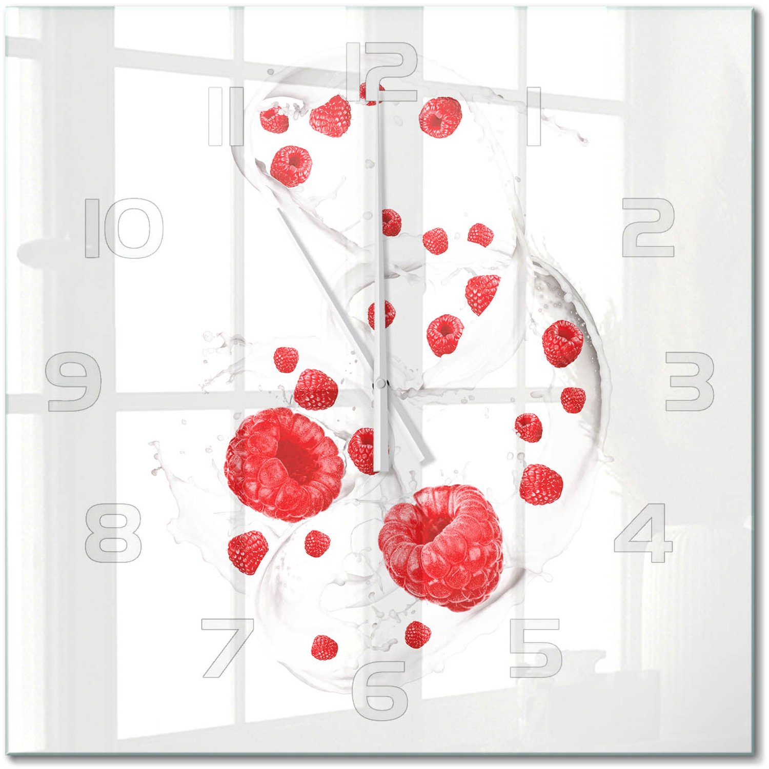 TULUP Wandklok - Frambozen met melk Decoratieve Glazen Klok - 60x60 cm - Rood Glazen Wandklok Design - Witte handen - Vierkante Klok - Glazen Klok Met Print - Wandklok Glas Met Motief
