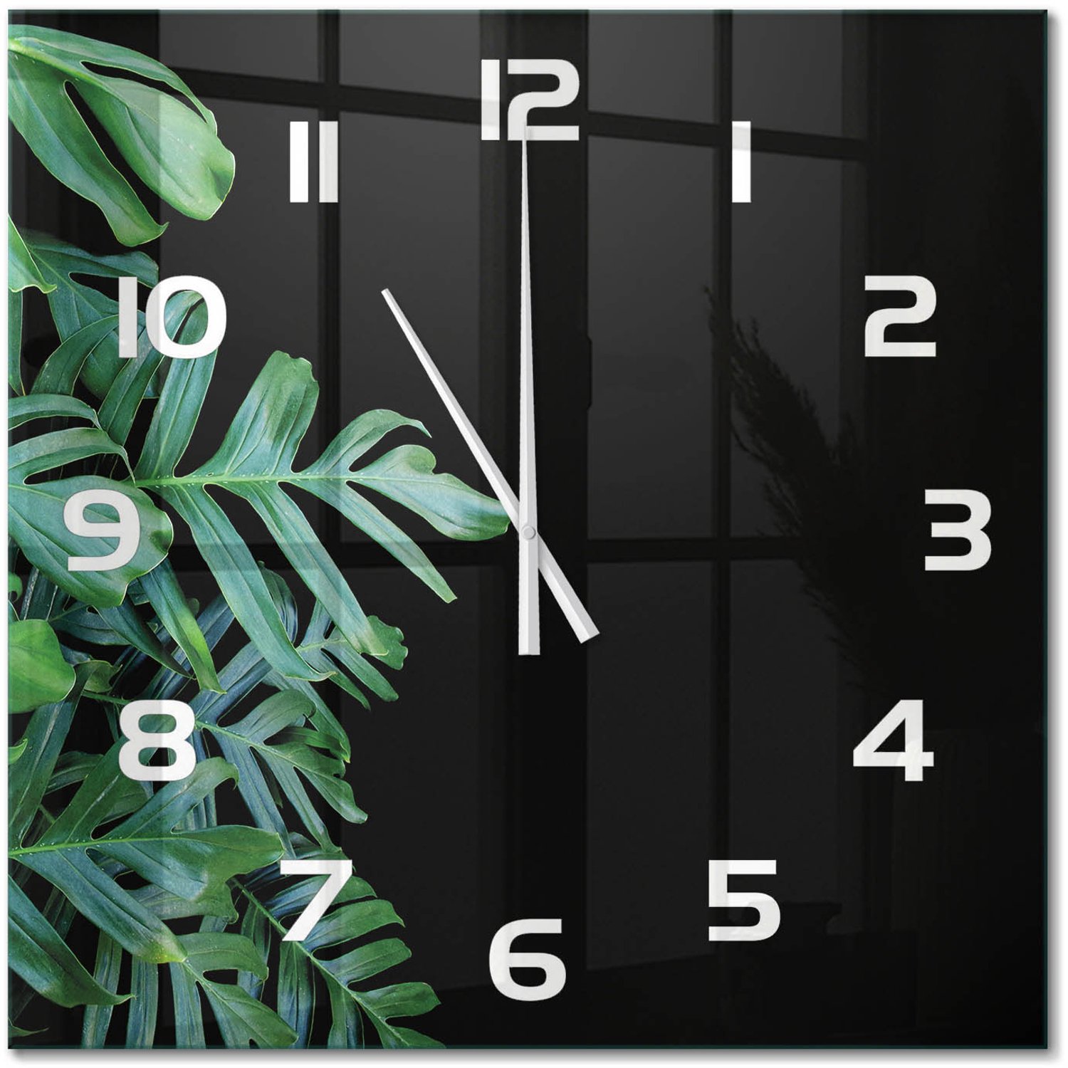 TULUP Wandklok - Monstera Glazen Wandklok Design - 60x60 cm - Groente Klok Glas Met Opdruk - Witte handen - Vierkante Klok - Wandklok Glas Met Motief - Decoratieve Glazen Klok