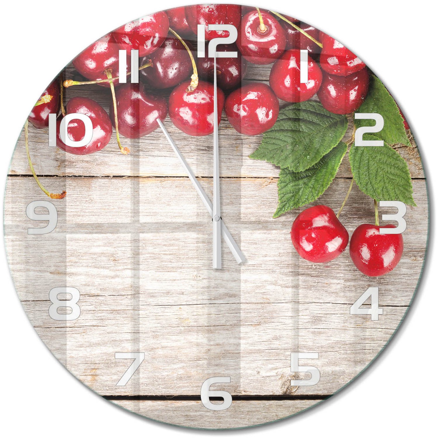 TULUP Wandklok - Kersen op hout Glazen Wandklok Design - fi60 cm - Rood Klok Glas Met Opdruk - Witte handen - Ronde Klok - Wandklok Glas Met Motief - Decoratieve Glazen Klok
