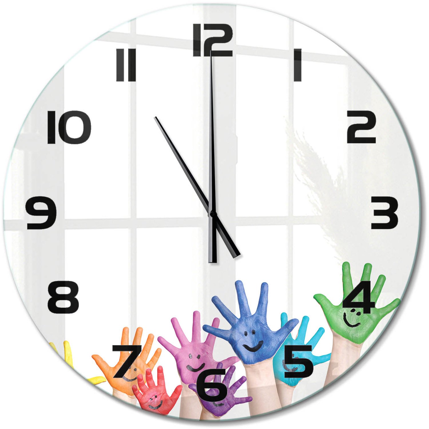 TULUP Wandklok - Geschilderde handen Decoratieve Glazen Klok - fi60 cm - Veelkleurig Glazen Wandklok Design - Zwarte handen - Ronde Klok - Glazen Klok Met Print - Wandklok Glas Met Motief