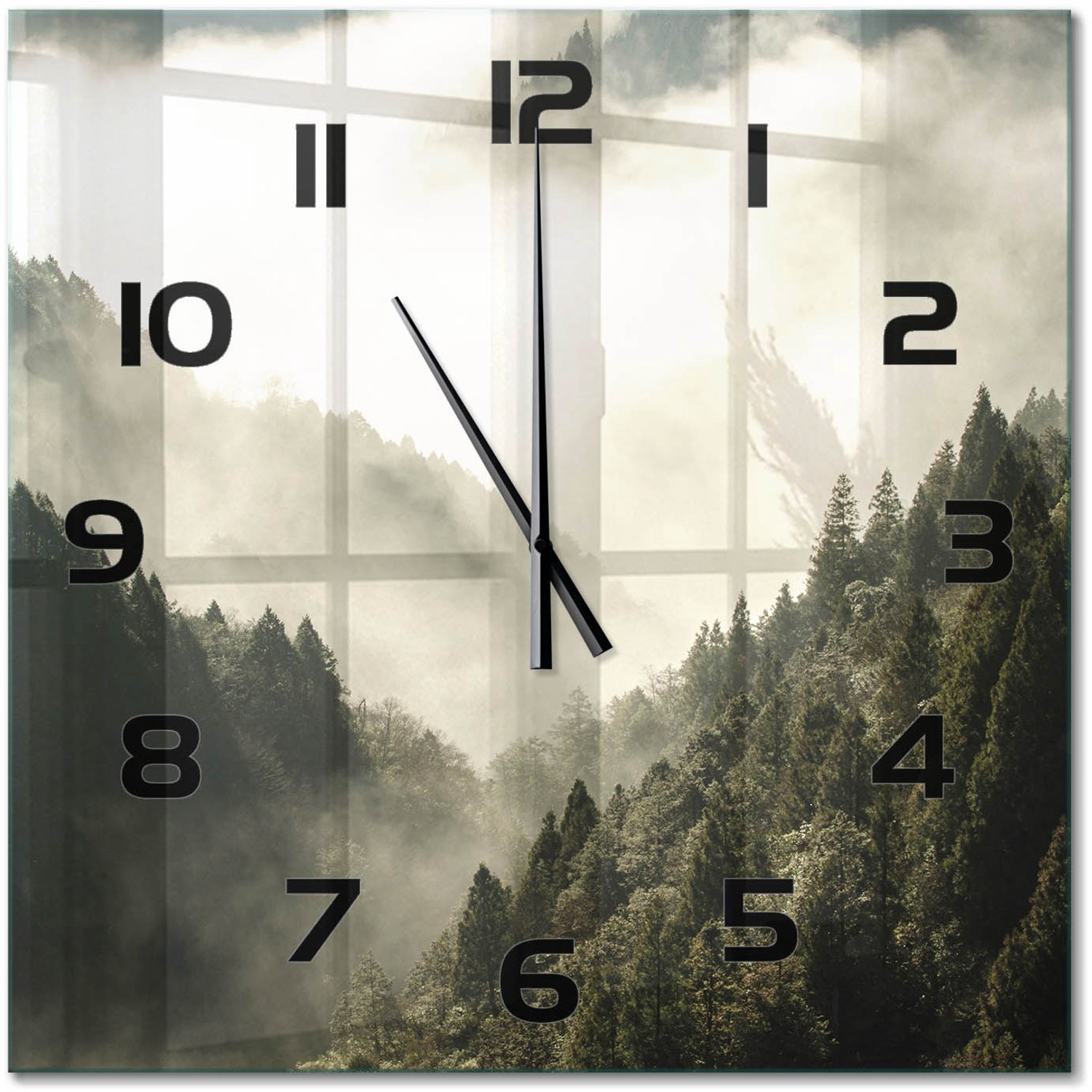 TULUP Wandklok - Mist boven het bos Decoratieve Glazen Klok - 60x60 cm - Zwart-wit Glazen Wandklok Design - Zwarte handen - Vierkante Klok - Glazen Klok Met Print - Wandklok Glas Met Motief