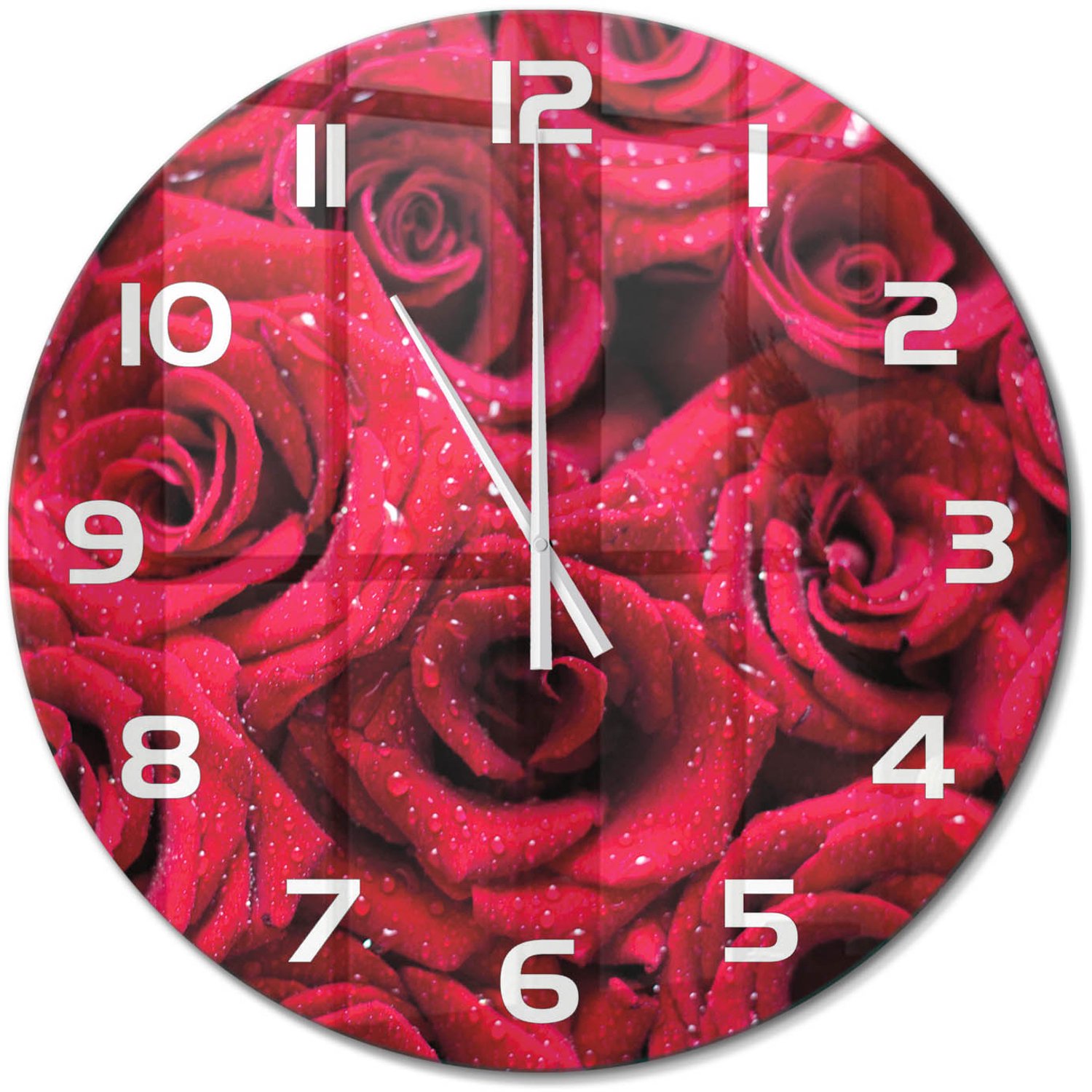 TULUP Wandklok - Druppels op rozen Glazen Wandklok Design - fi60 cm - Rood Klok Glas Met Opdruk - Witte handen - Ronde Klok - Wandklok Glas Met Motief - Decoratieve Glazen Klok
