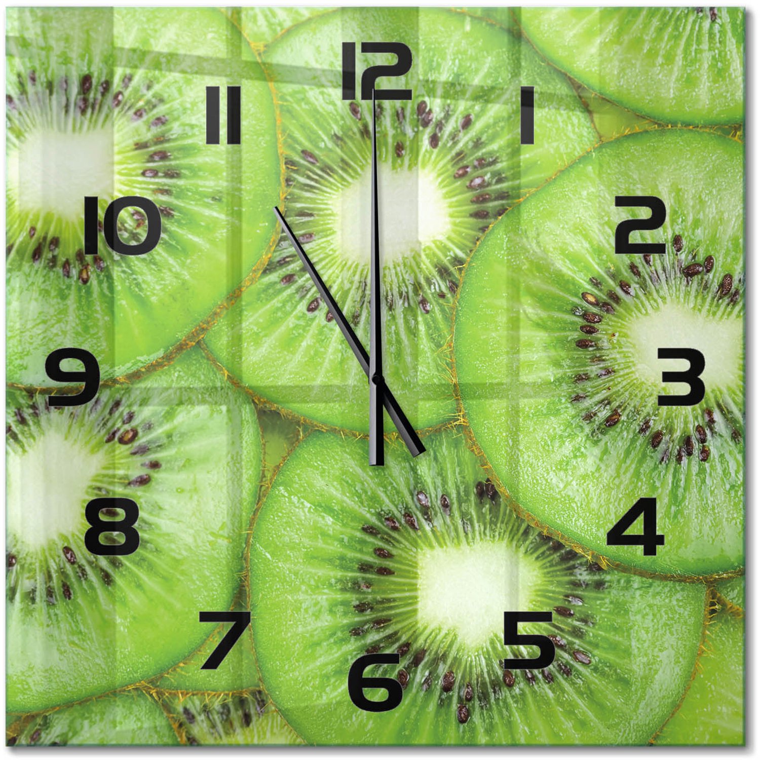 TULUP Wandklok - Kiwi Gekleurde Glazen Klok - 60x60 cm - Groente Glazen Klok Met Print - Zwarte handen - Vierkante Klok - Moderne Wandklok Glas - Wandklok Glas Decoratie