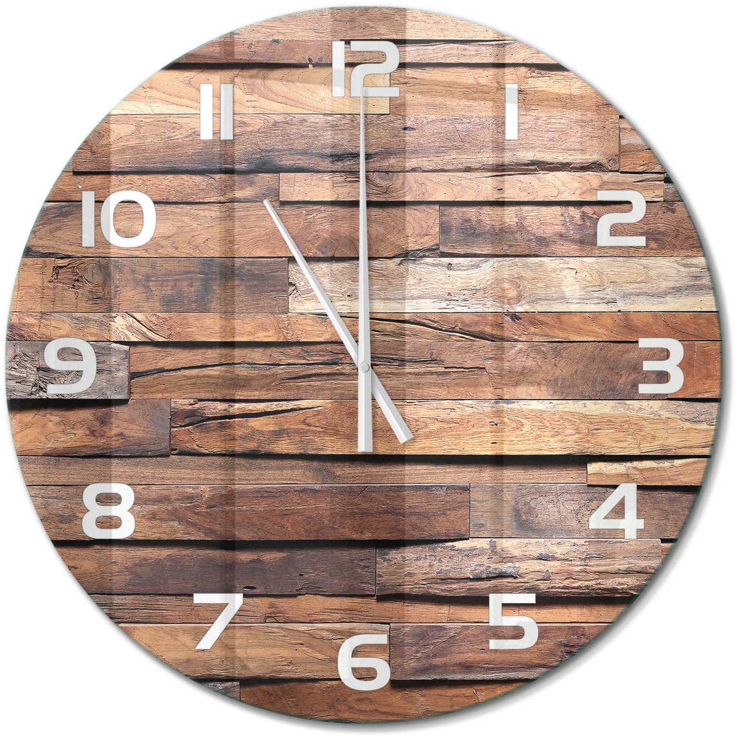 TULUP Wandklok - Houten muur Gekleurde Glazen Klok - fi60 cm - Bruin Glazen Klok Met Print - Witte handen - Ronde Klok - Moderne Wandklok Glas - Wandklok Glas Decoratie