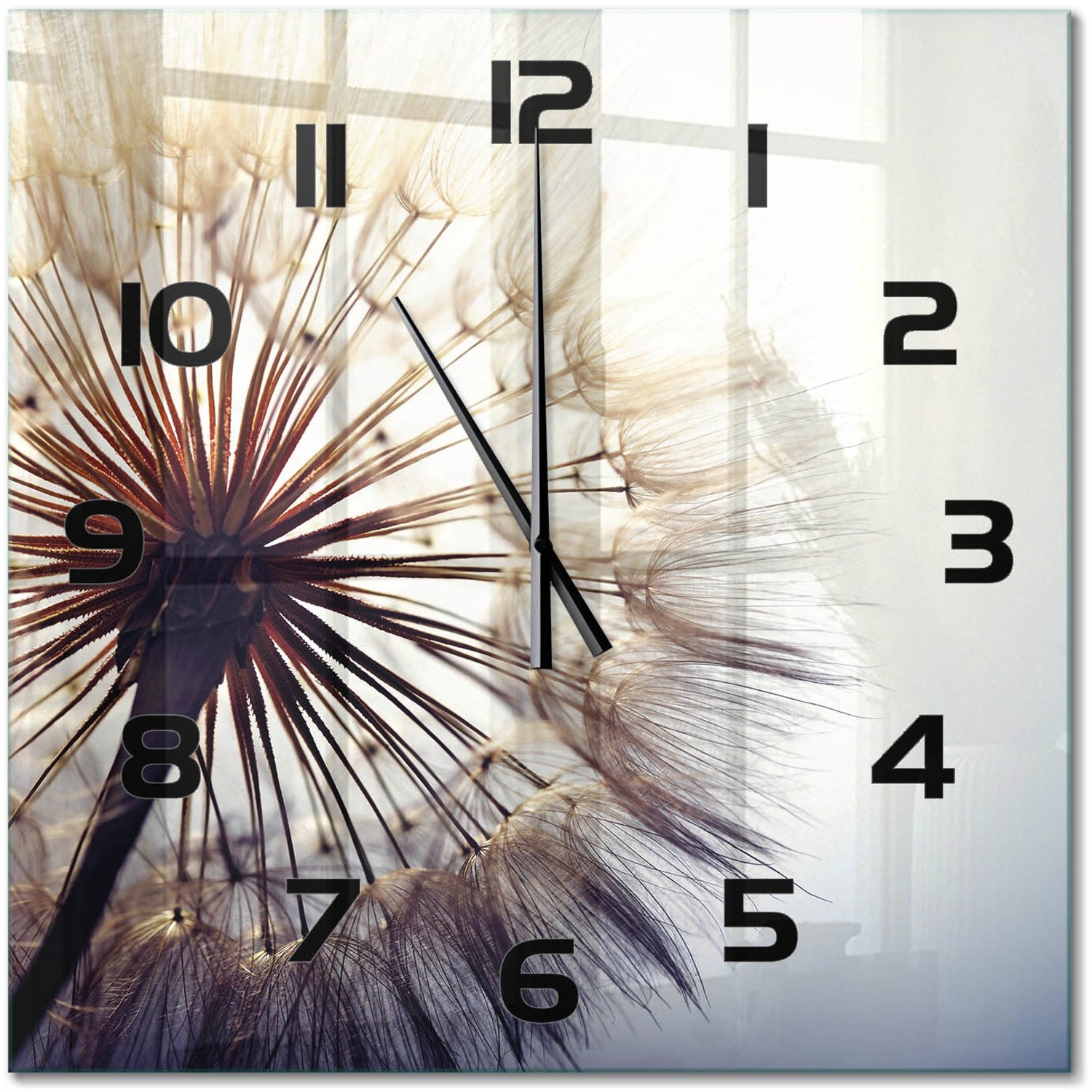 TULUP Wandklok - Paardebloem Glazen Klok Met Print - 60x60 cm - Wit Wandklok Glas Met Motief - Zwarte handen - Vierkante Klok - Wandklok Glas Decoratie - Gekleurde Glazen Klok