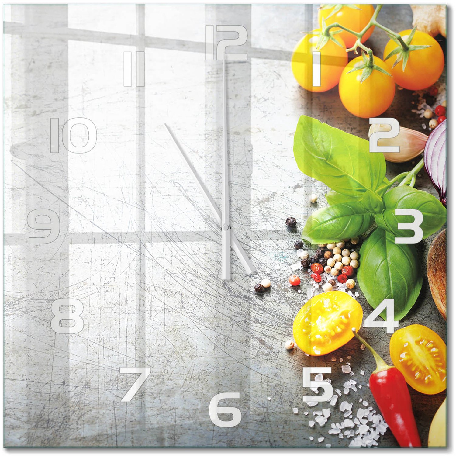 TULUP Wandklok - Groenten Moderne Wandklok Glas - 60x60 cm - Veelkleurig Wandklok Glas Decoratie - Witte handen - Vierkante Klok - Glazen Wandklok Design - Klok Glas Met Opdruk