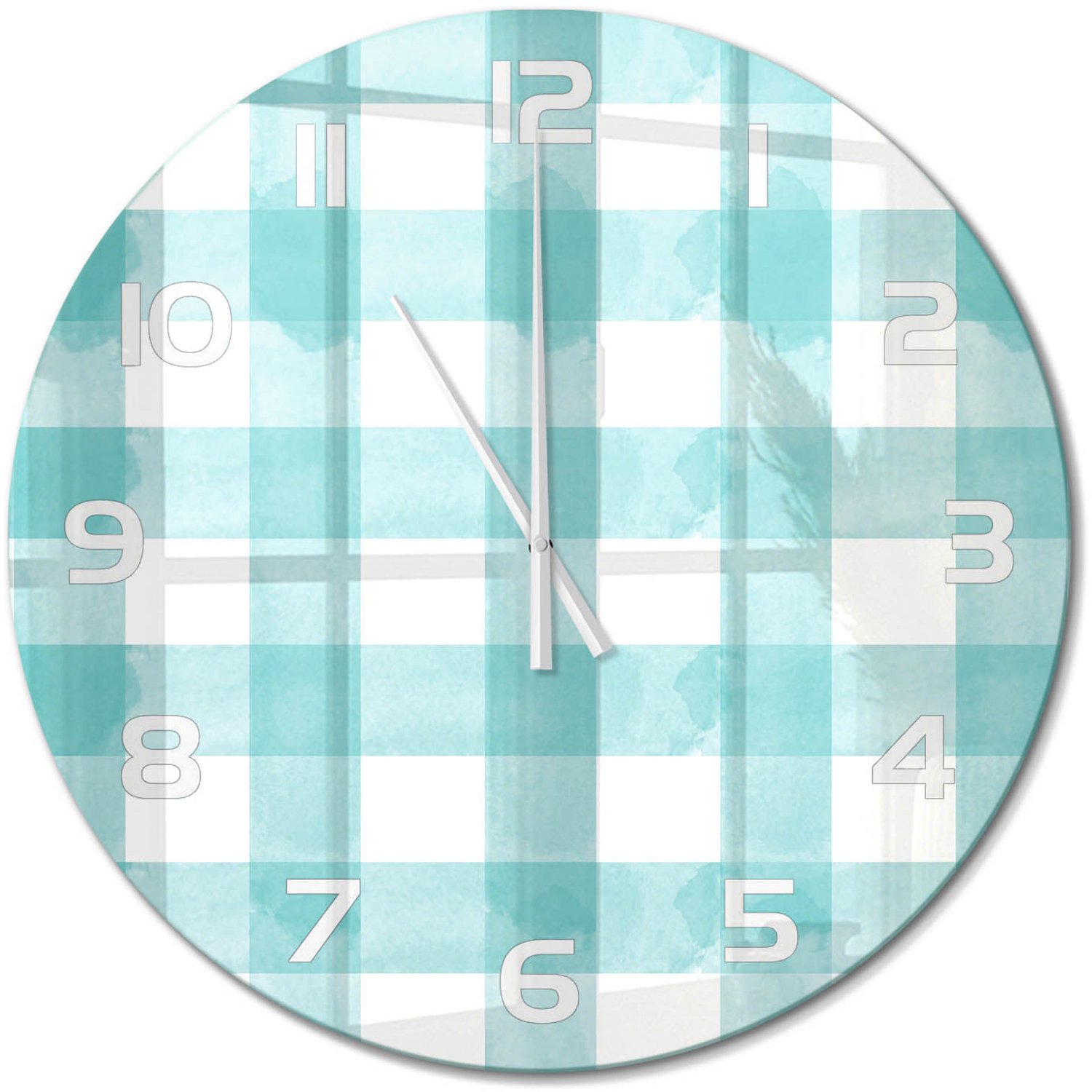TULUP Wandklok - Blauw raster Klok Glas Met Opdruk - fi60 cm - Blauw Moderne Wandklok Glas - Witte handen - Ronde Klok - Decoratieve Glazen Klok - Glazen Wandklok Design