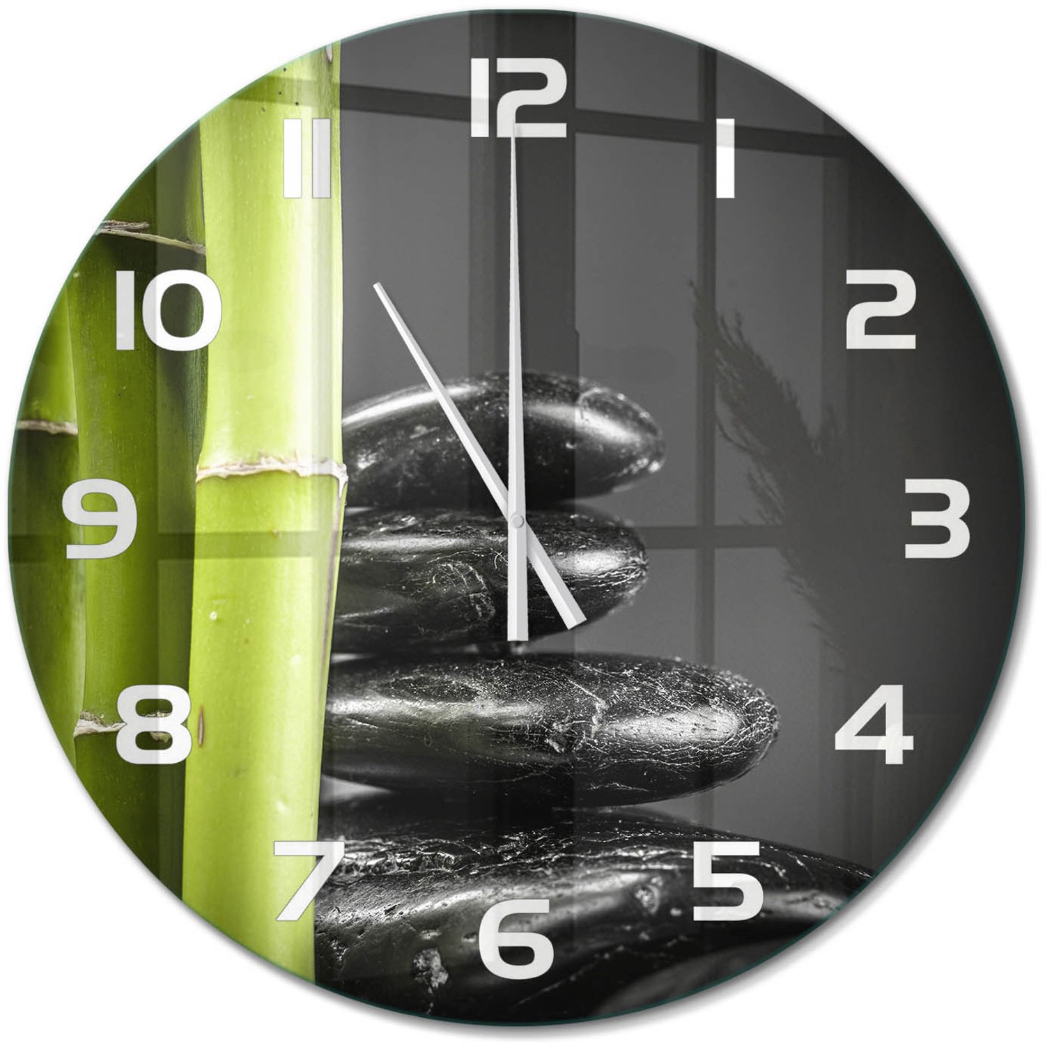 TULUP Wandklok - Bamboe Klok Glas Met Opdruk - fi60 cm - Zwart Moderne Wandklok Glas - Witte handen - Ronde Klok - Decoratieve Glazen Klok - Glazen Wandklok Design