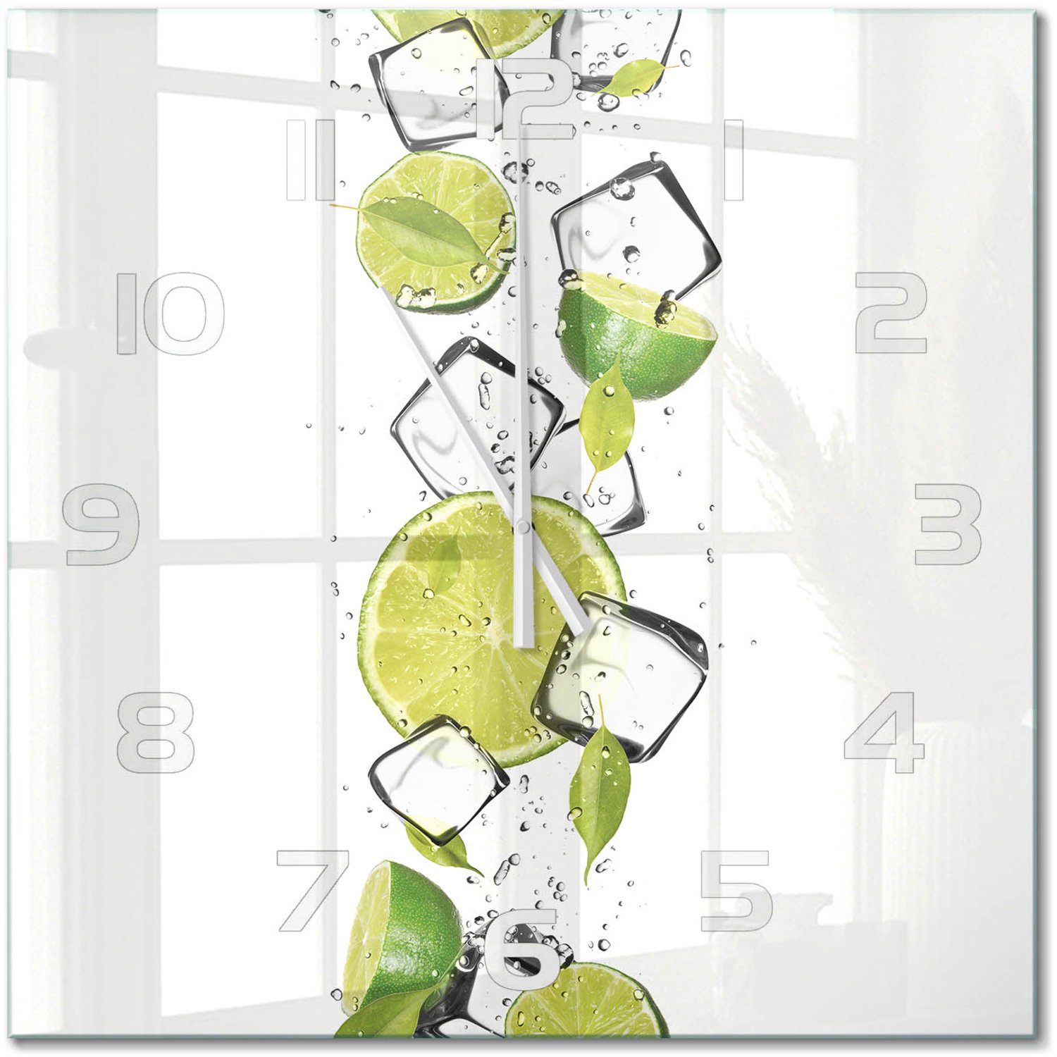TULUP Wandklok - Limoen met ijs Klok Glas Met Opdruk - 60x60 cm - Groente Moderne Wandklok Glas - Witte handen - Vierkante Klok - Decoratieve Glazen Klok - Glazen Wandklok Design