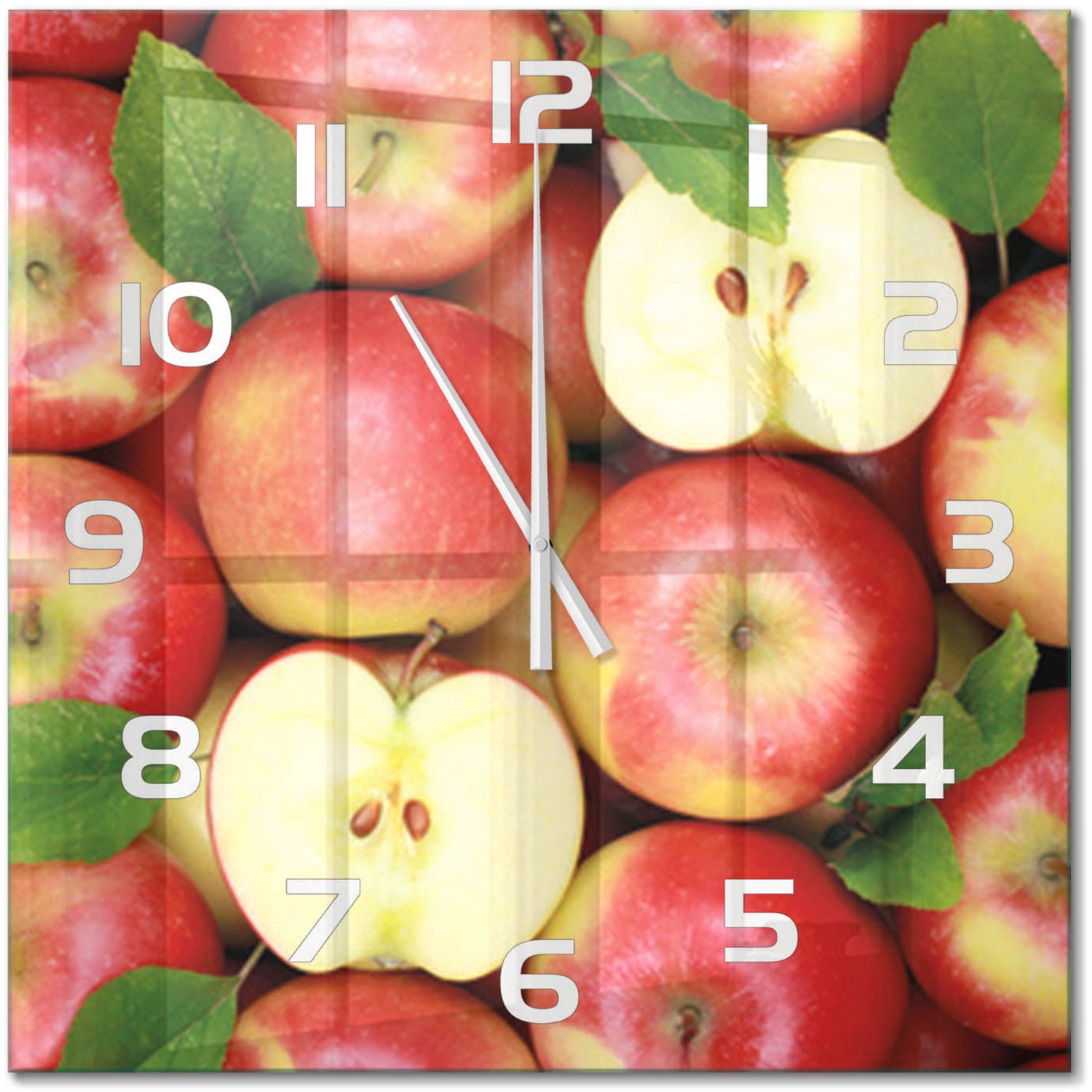 TULUP Wandklok - Appels Wandklok Glas Met Motief - 60x60 cm - Rood Decoratieve Glazen Klok - Witte handen - Vierkante Klok - Gekleurde Glazen Klok - Glazen Klok Met Print