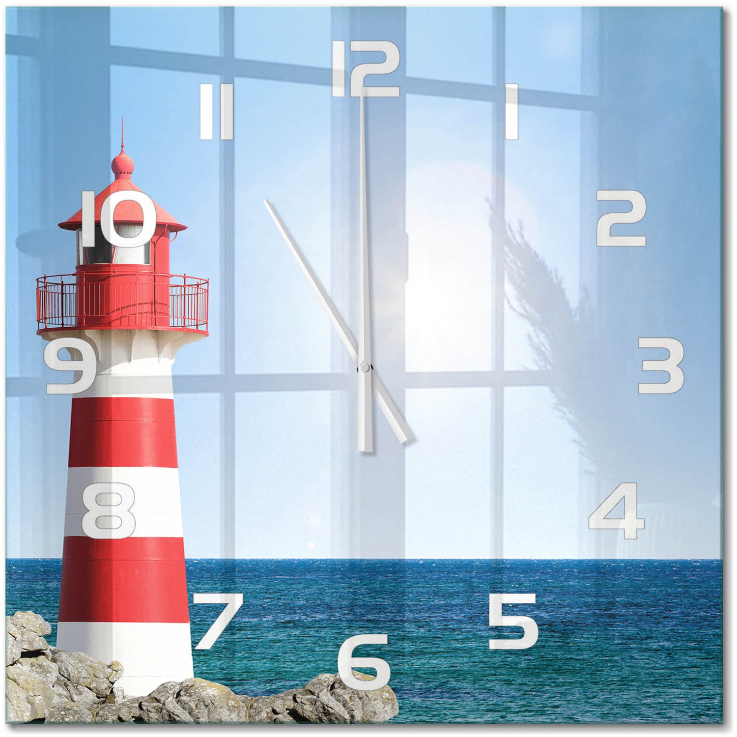 TULUP Wandklok - Vuurtoren Wandklok Glas Met Motief - 60x60 cm - Rood Decoratieve Glazen Klok - Witte handen - Vierkante Klok - Gekleurde Glazen Klok - Glazen Klok Met Print