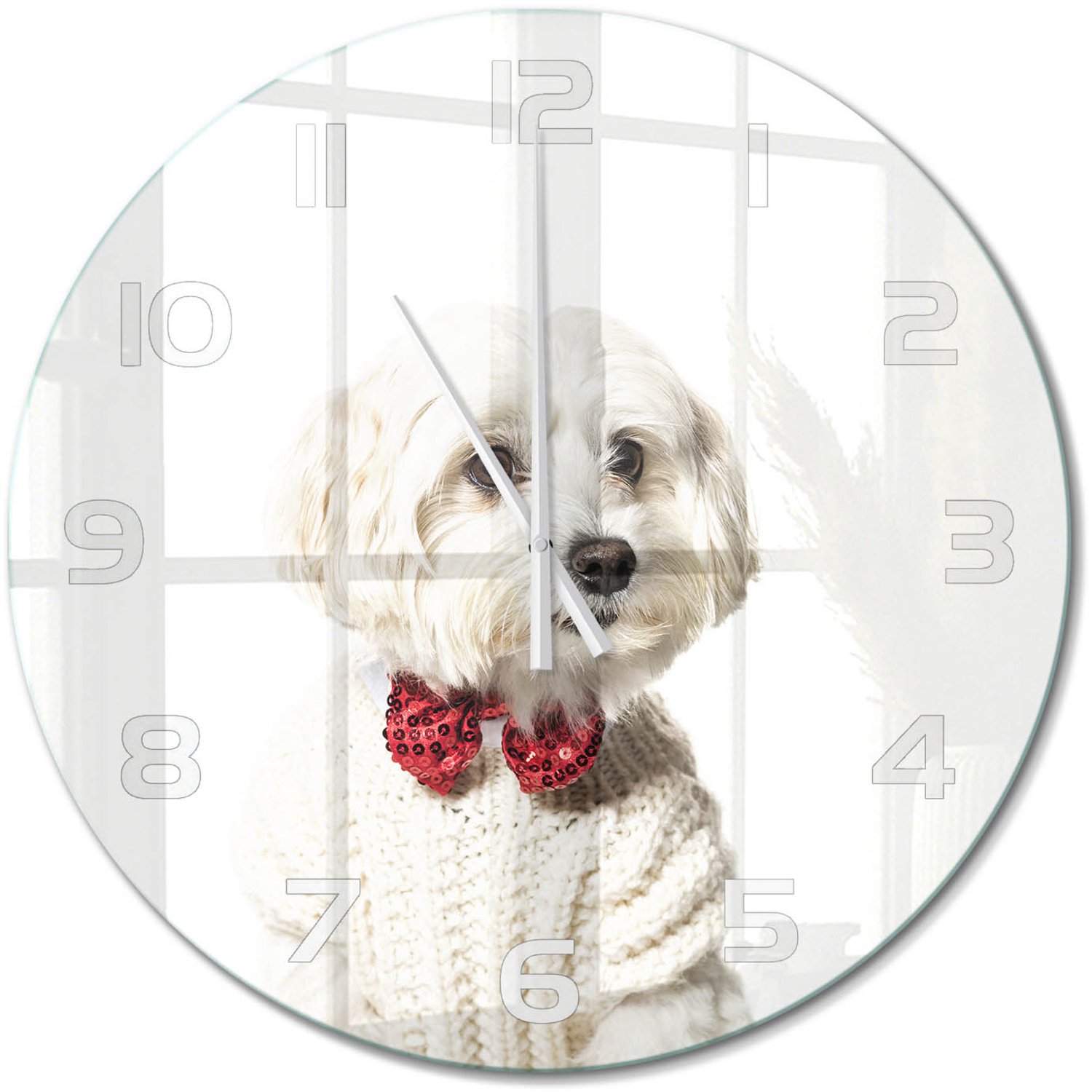 TULUP Wandklok - Maltezer met een vlinderdas Decoratieve Glazen Klok - fi60 cm - Rood Glazen Wandklok Design - Witte handen - Ronde Klok - Glazen Klok Met Print - Wandklok Glas Met Motief