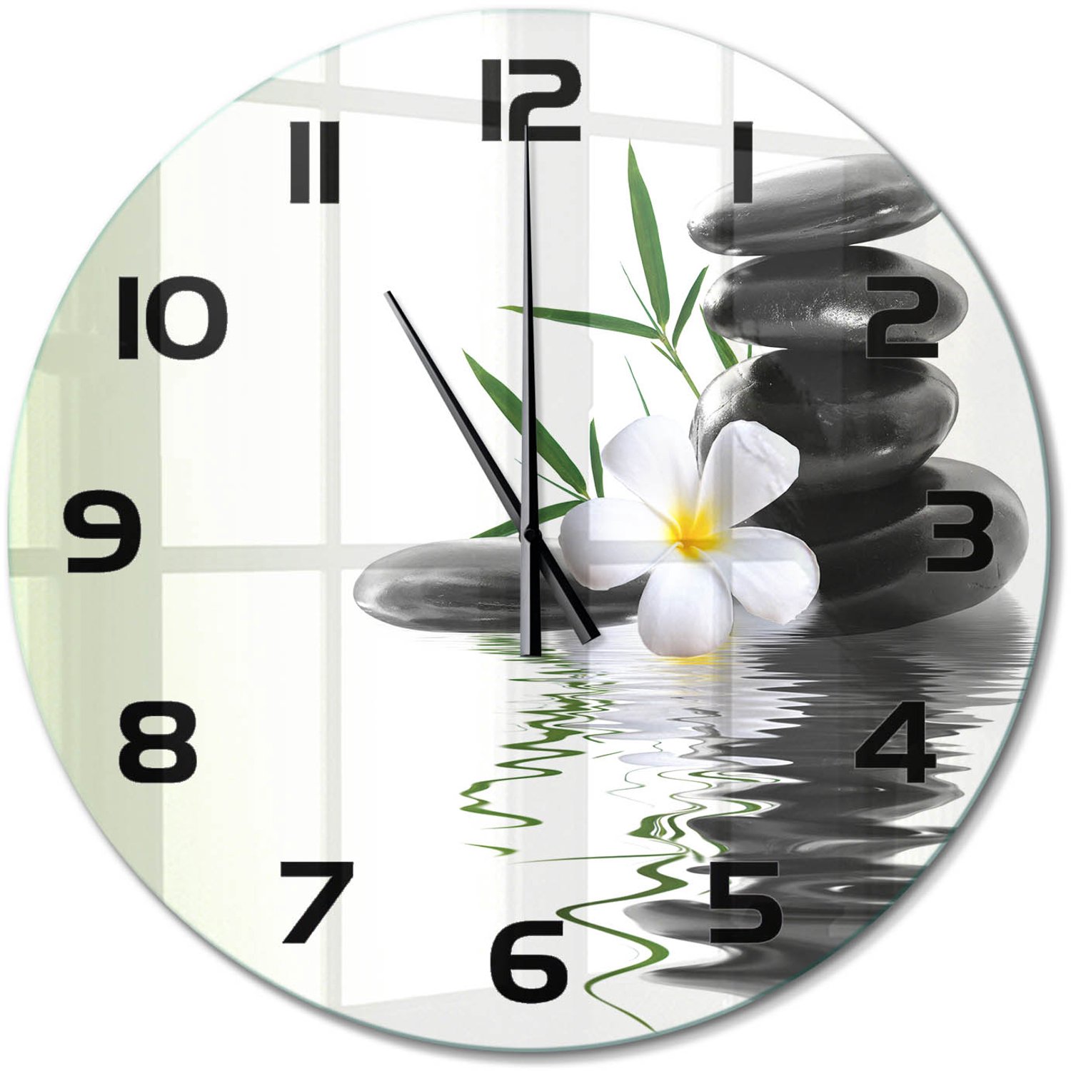 TULUP Wandklok - Orchidee en stenen Glazen Wandklok Design - fi60 cm - Zwart Klok Glas Met Opdruk - Zwarte handen - Ronde Klok - Wandklok Glas Met Motief - Decoratieve Glazen Klok