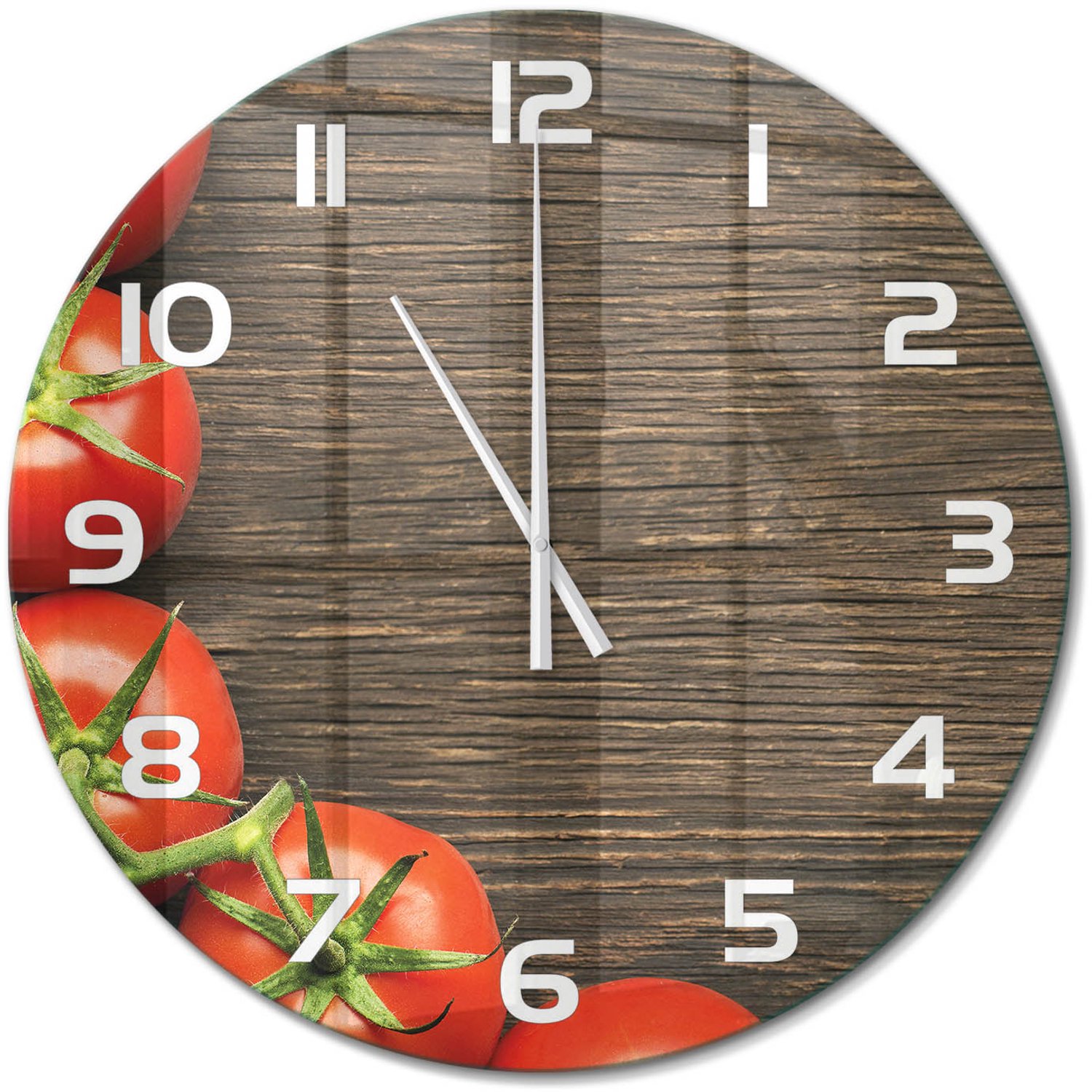 TULUP Wandklok - Tomaten op hout Klok Glas Met Opdruk - fi60 cm - Rood Moderne Wandklok Glas - Witte handen - Ronde Klok - Decoratieve Glazen Klok - Glazen Wandklok Design