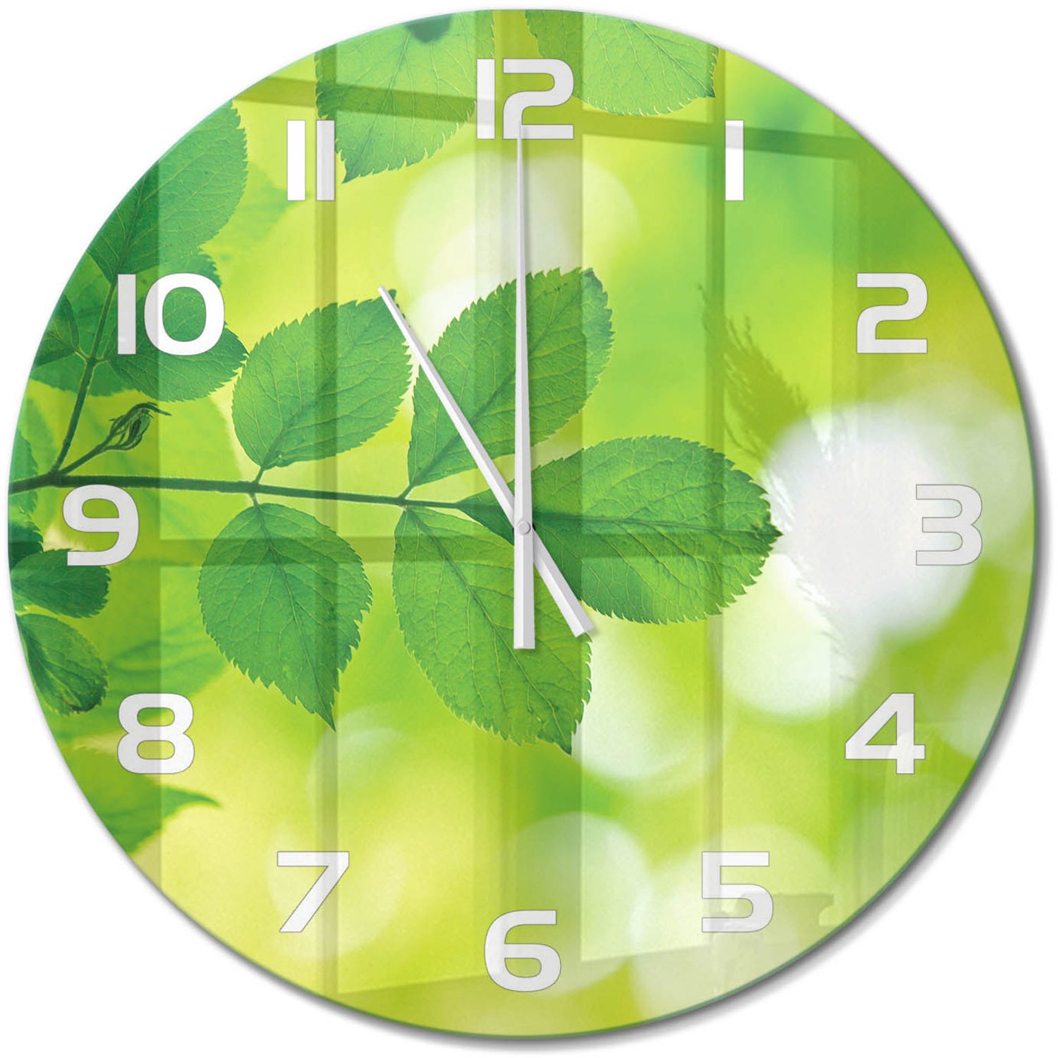TULUP Wandklok - Groene bladeren Moderne Wandklok Glas - fi60 cm - Groente Wandklok Glas Decoratie - Witte handen - Ronde Klok - Glazen Wandklok Design - Klok Glas Met Opdruk