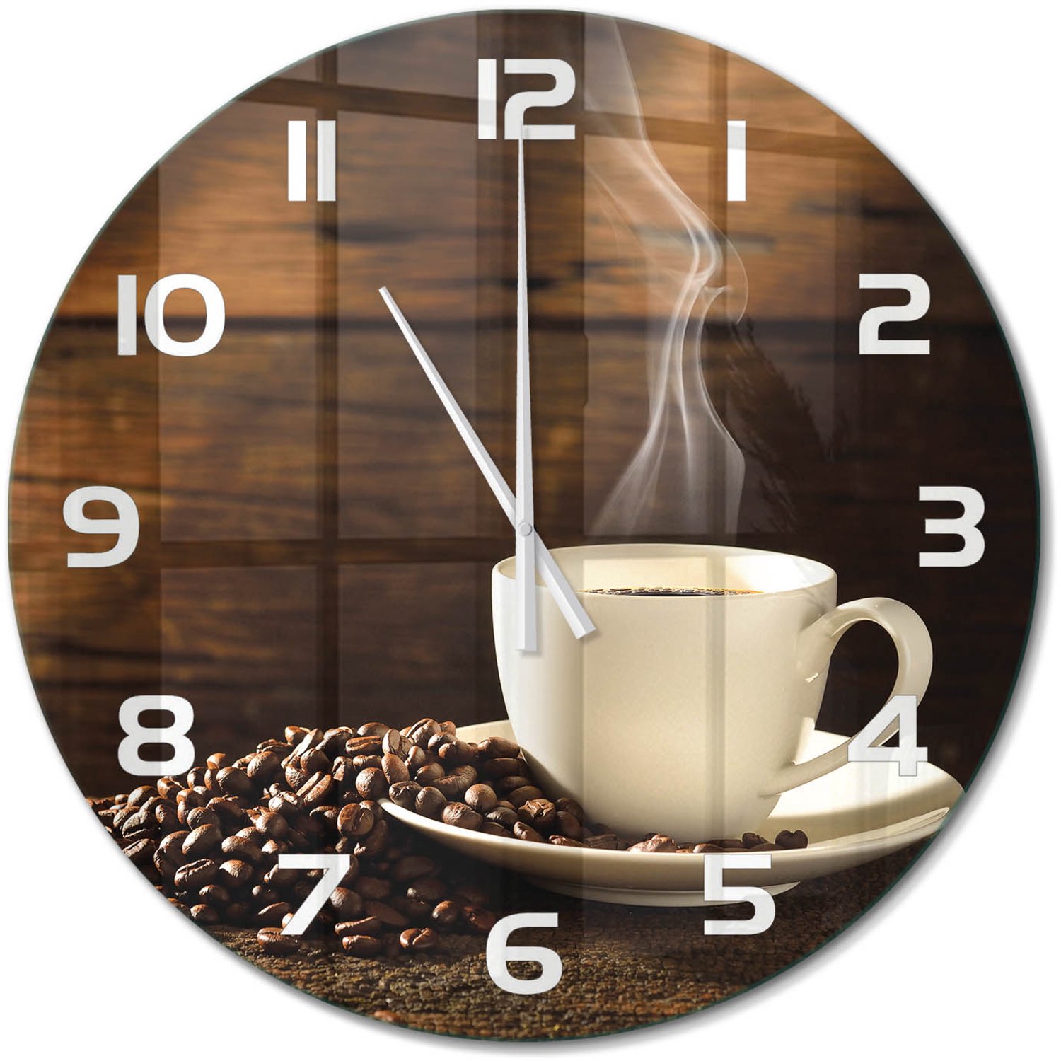 TULUP Wandklok - Kopje koffie Wandklok Glas Met Motief - fi60 cm - Bruin Decoratieve Glazen Klok - Witte handen - Ronde Klok - Gekleurde Glazen Klok - Glazen Klok Met Print