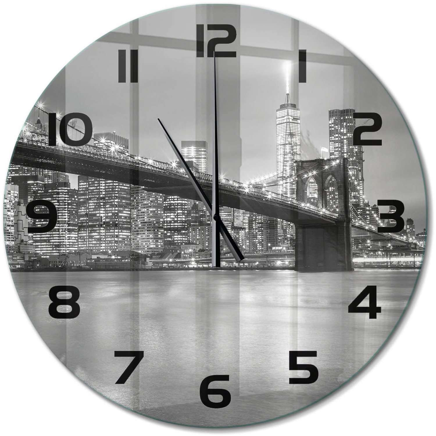 TULUP Wandklok - New York 's nachts Wandklok Glas Met Motief - fi60 cm - Zwart-wit Decoratieve Glazen Klok - Zwarte handen - Ronde Klok - Gekleurde Glazen Klok - Glazen Klok Met Print