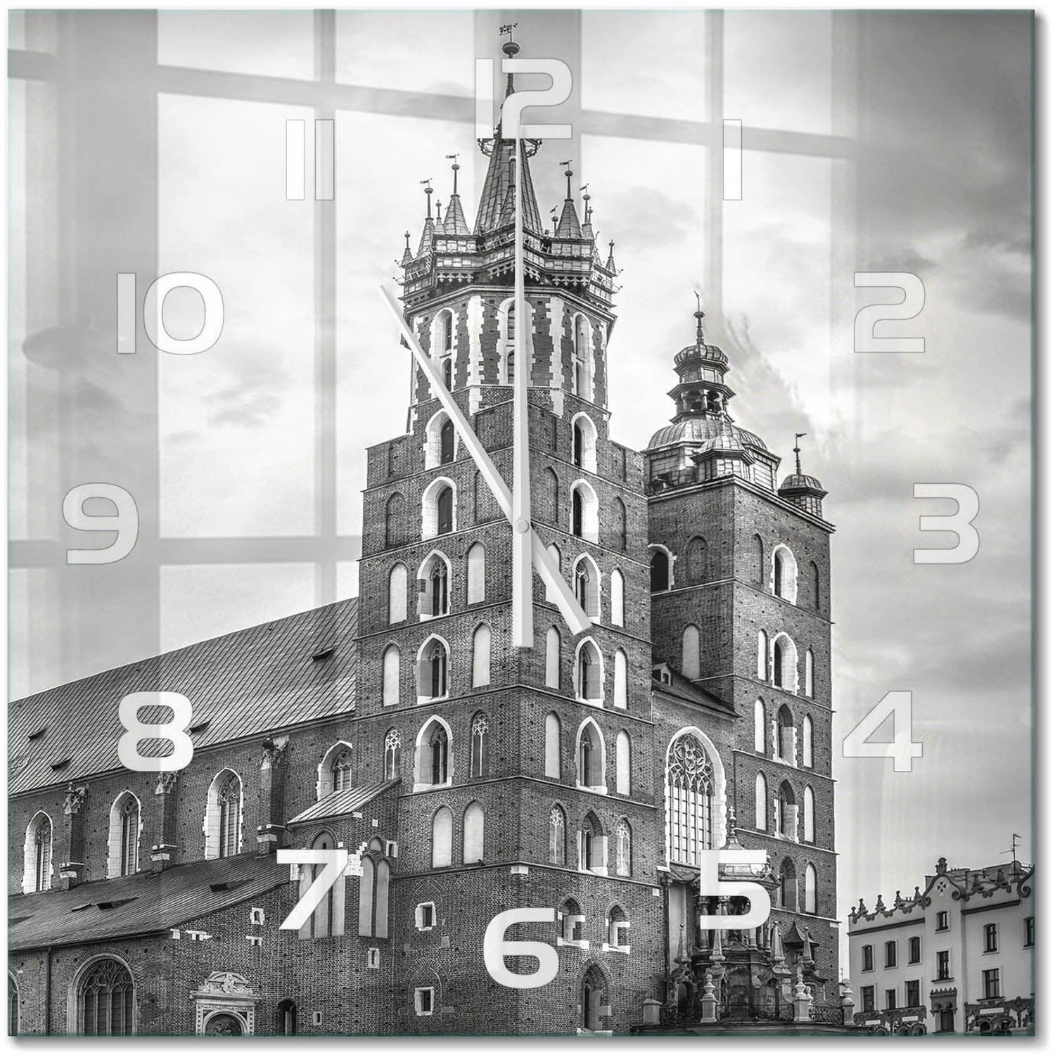 TULUP Wandklok - Krakau, Polen Glazen Klok Met Print - 60x60 cm - Zwart-wit Wandklok Glas Met Motief - Witte handen - Vierkante Klok - Wandklok Glas Decoratie - Gekleurde Glazen Klok