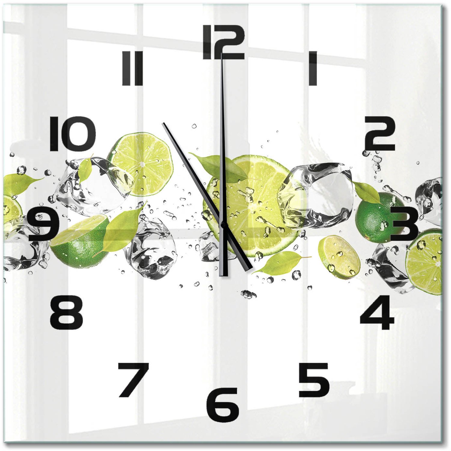 TULUP Wandklok - Kalk en water Decoratieve Glazen Klok - 60x60 cm - Groente Glazen Wandklok Design - Zwarte handen - Vierkante Klok - Glazen Klok Met Print - Wandklok Glas Met Motief