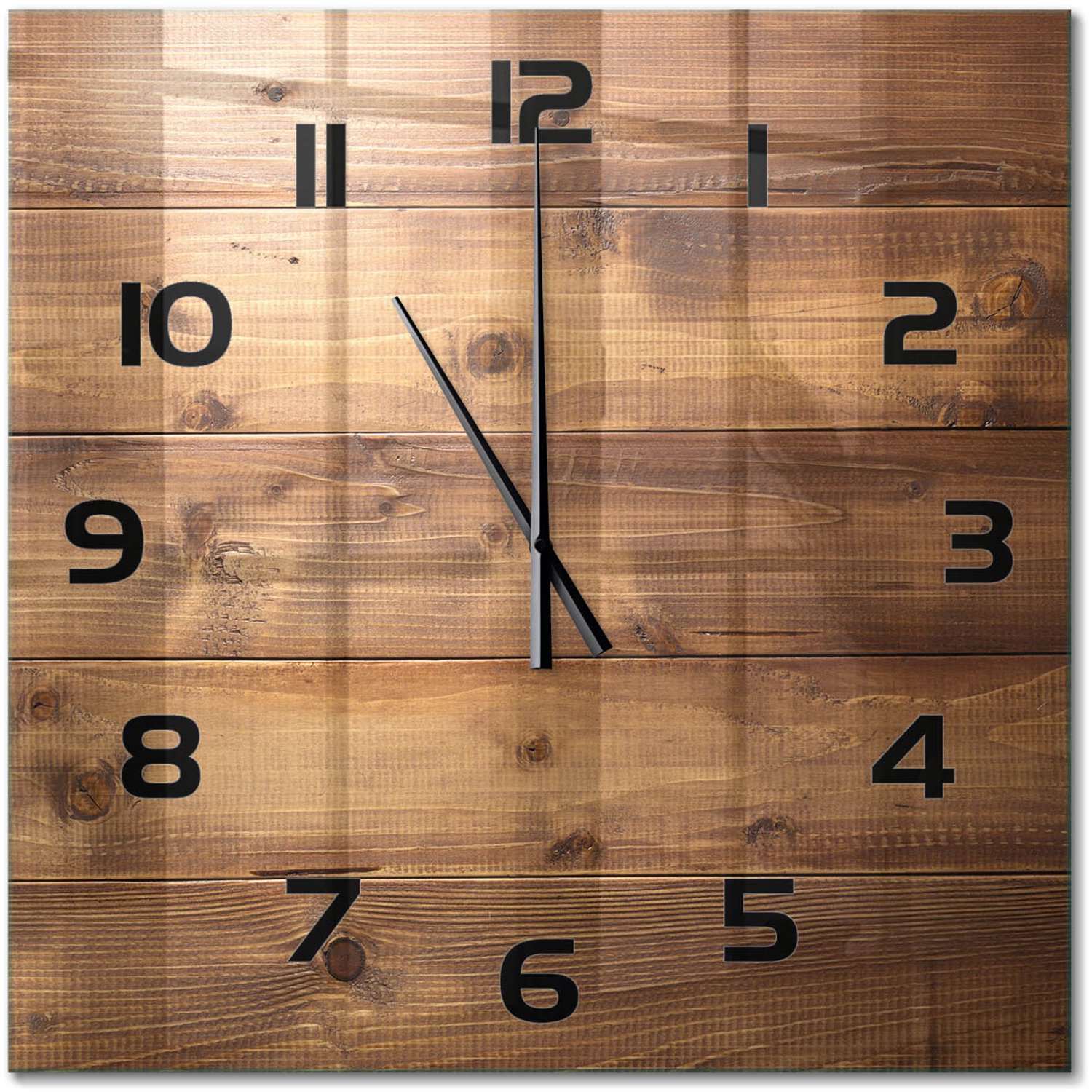 TULUP Wandklok - Houten achtergrond Gekleurde Glazen Klok - 60x60 cm - Bruin Glazen Klok Met Print - Zwarte handen - Vierkante Klok - Moderne Wandklok Glas - Wandklok Glas Decoratie