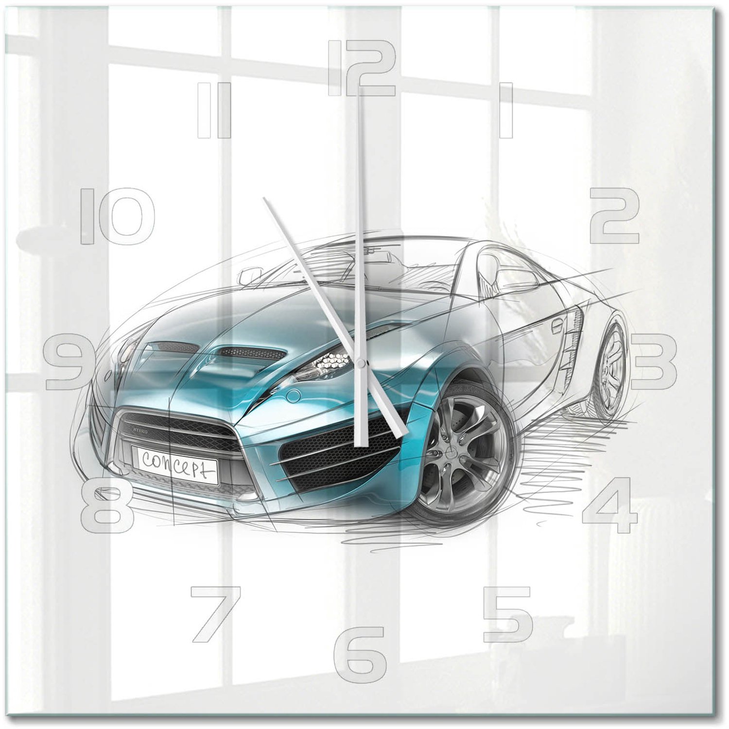 TULUP Wandklok - Autoschets Gekleurde Glazen Klok - 60x60 cm - Blauw Glazen Klok Met Print - Witte handen - Vierkante Klok - Moderne Wandklok Glas - Wandklok Glas Decoratie