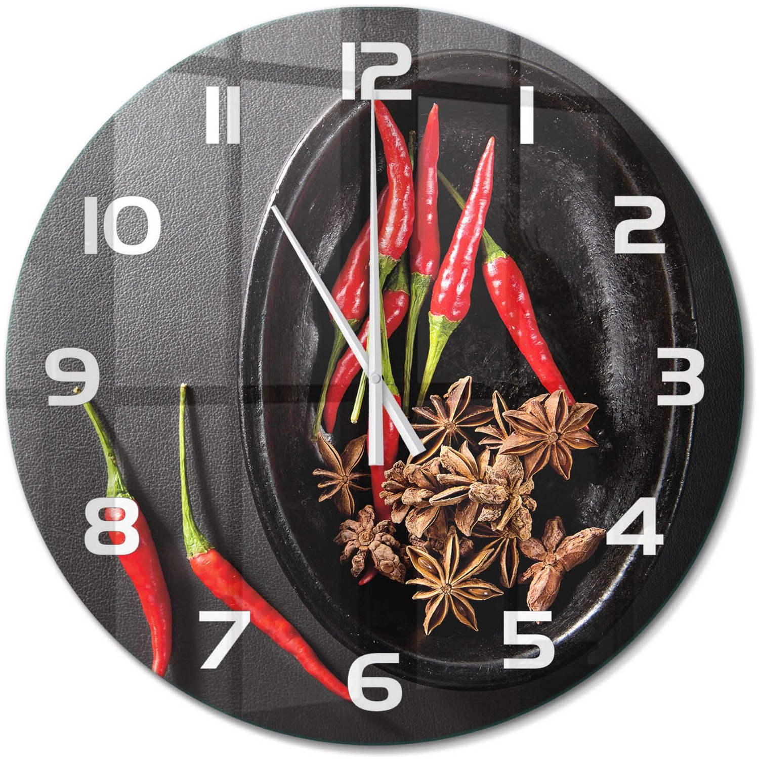 TULUP Wandklok - Chilipepers Decoratieve Glazen Klok - fi60 cm - Rood Glazen Wandklok Design - Witte handen - Ronde Klok - Glazen Klok Met Print - Wandklok Glas Met Motief