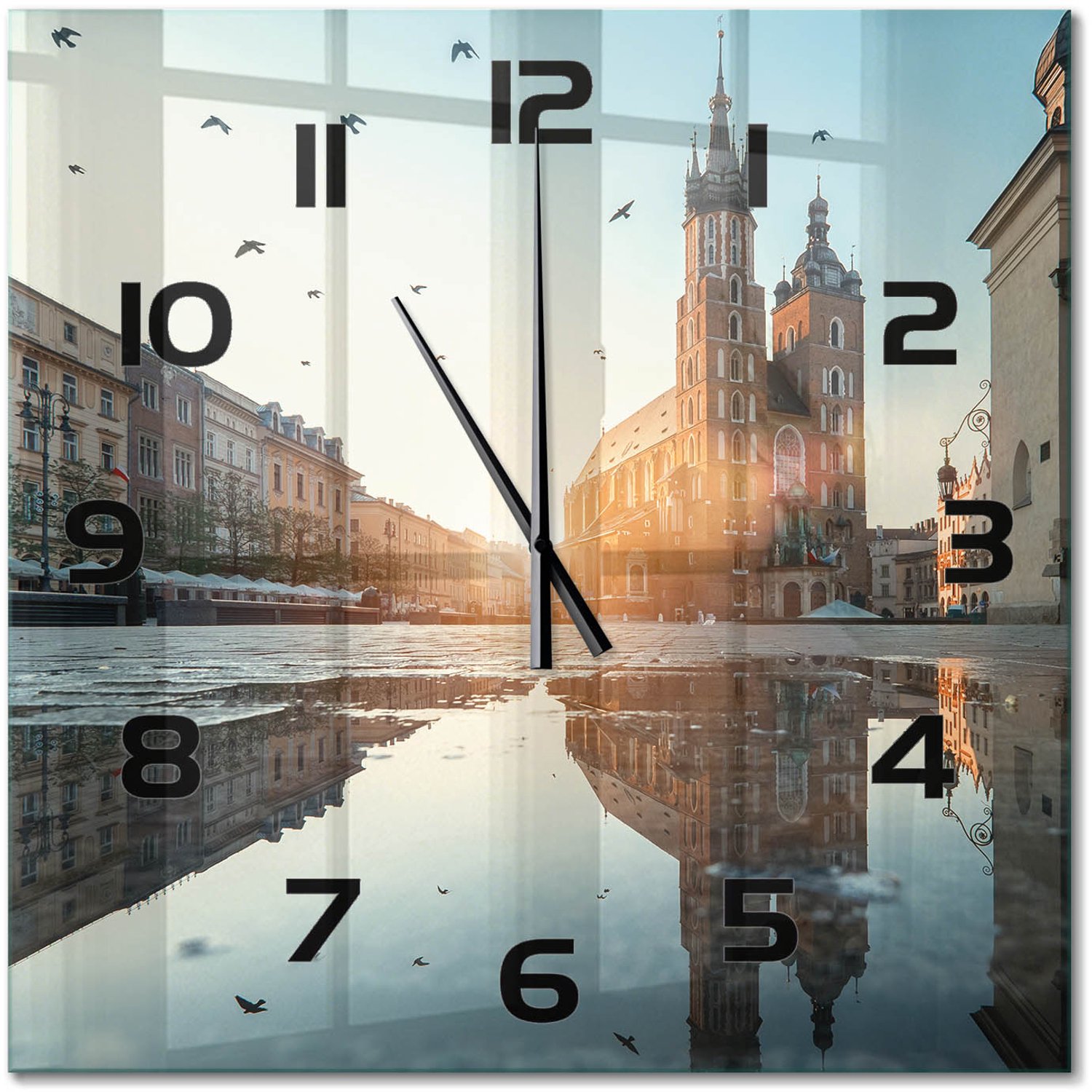 TULUP Wandklok - Krakau, Polen Gekleurde Glazen Klok - 60x60 cm - Blauw Glazen Klok Met Print - Zwarte handen - Vierkante Klok - Moderne Wandklok Glas - Wandklok Glas Decoratie
