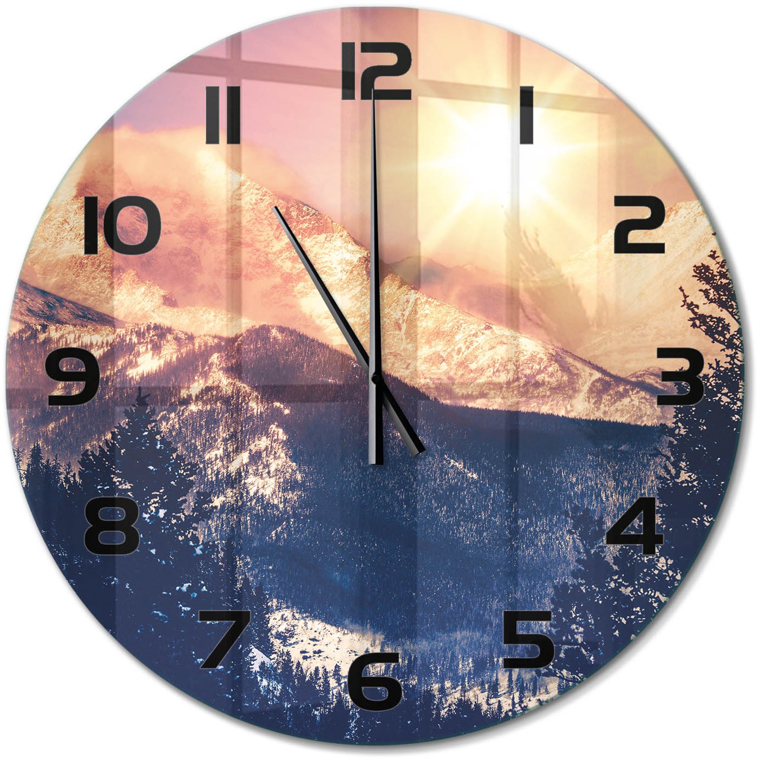 TULUP Wandklok - De zon boven de bergen Decoratieve Glazen Klok - fi60 cm - Geel Glazen Wandklok Design - Zwarte handen - Ronde Klok - Glazen Klok Met Print - Wandklok Glas Met Motief