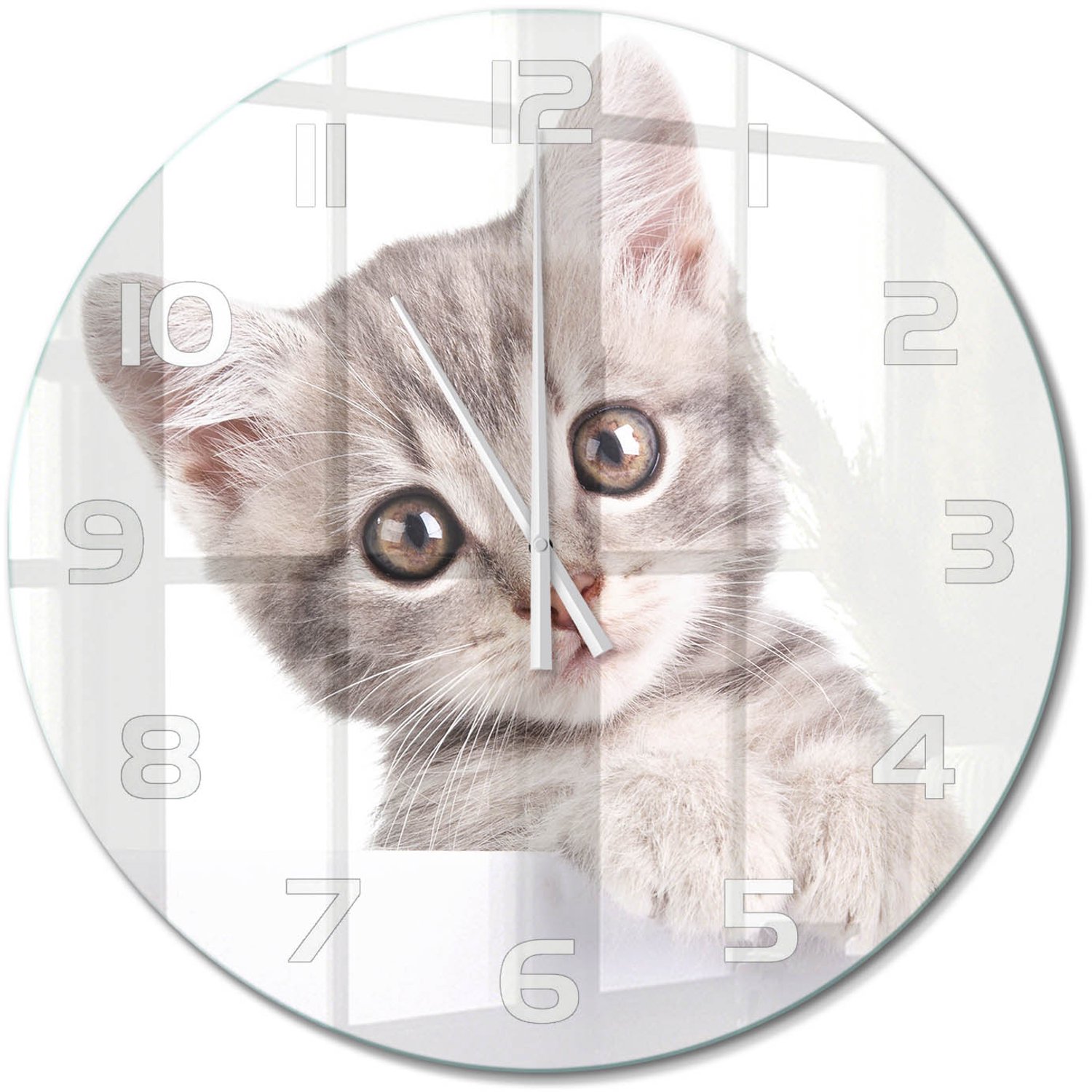 TULUP Wandklok - Grijze kat Wandklok Glas Met Motief - fi60 cm - Grijs Decoratieve Glazen Klok - Witte handen - Ronde Klok - Gekleurde Glazen Klok - Glazen Klok Met Print
