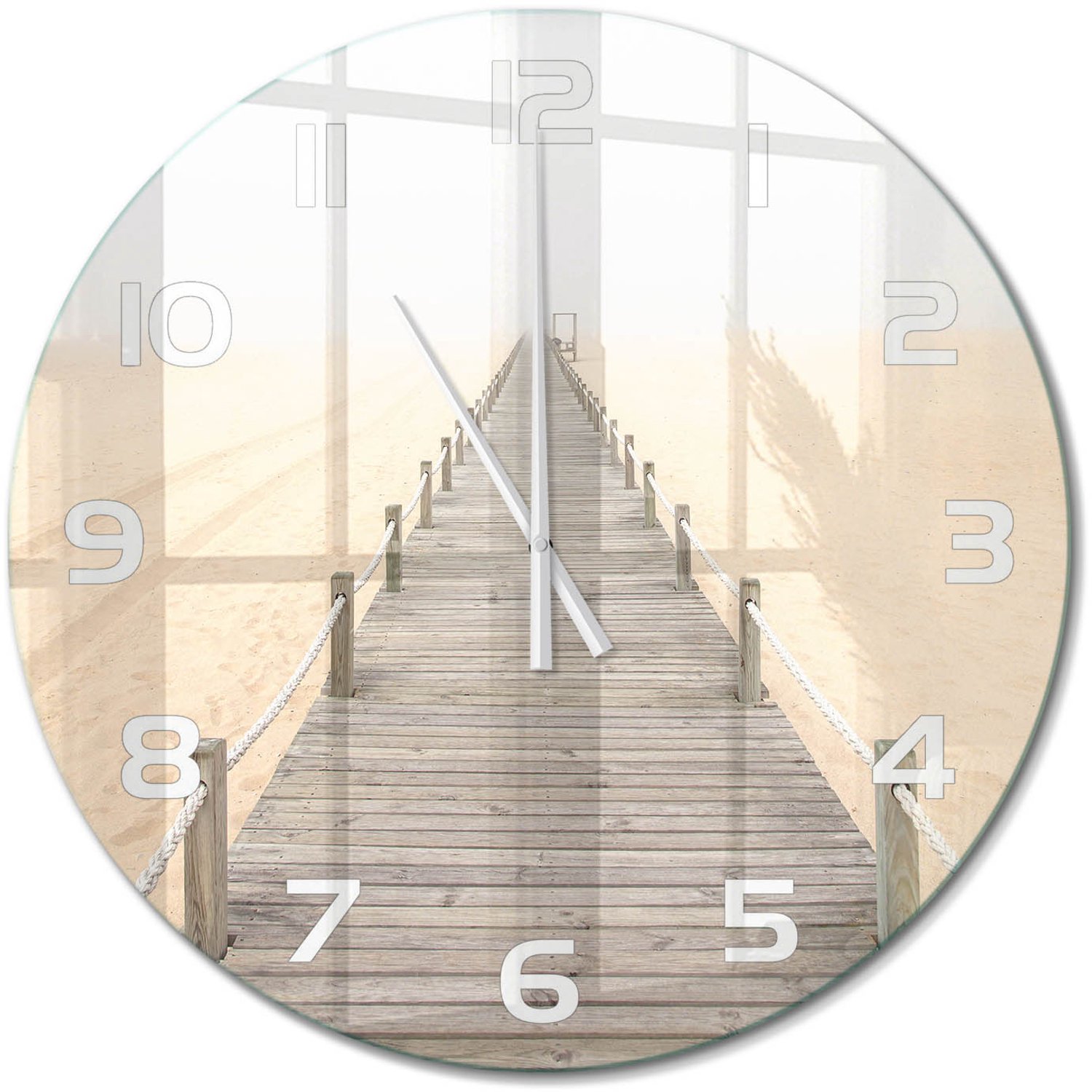 TULUP Wandklok - Strandpad Klok Glas Met Opdruk - fi60 cm - Beige Moderne Wandklok Glas - Witte handen - Ronde Klok - Decoratieve Glazen Klok - Glazen Wandklok Design