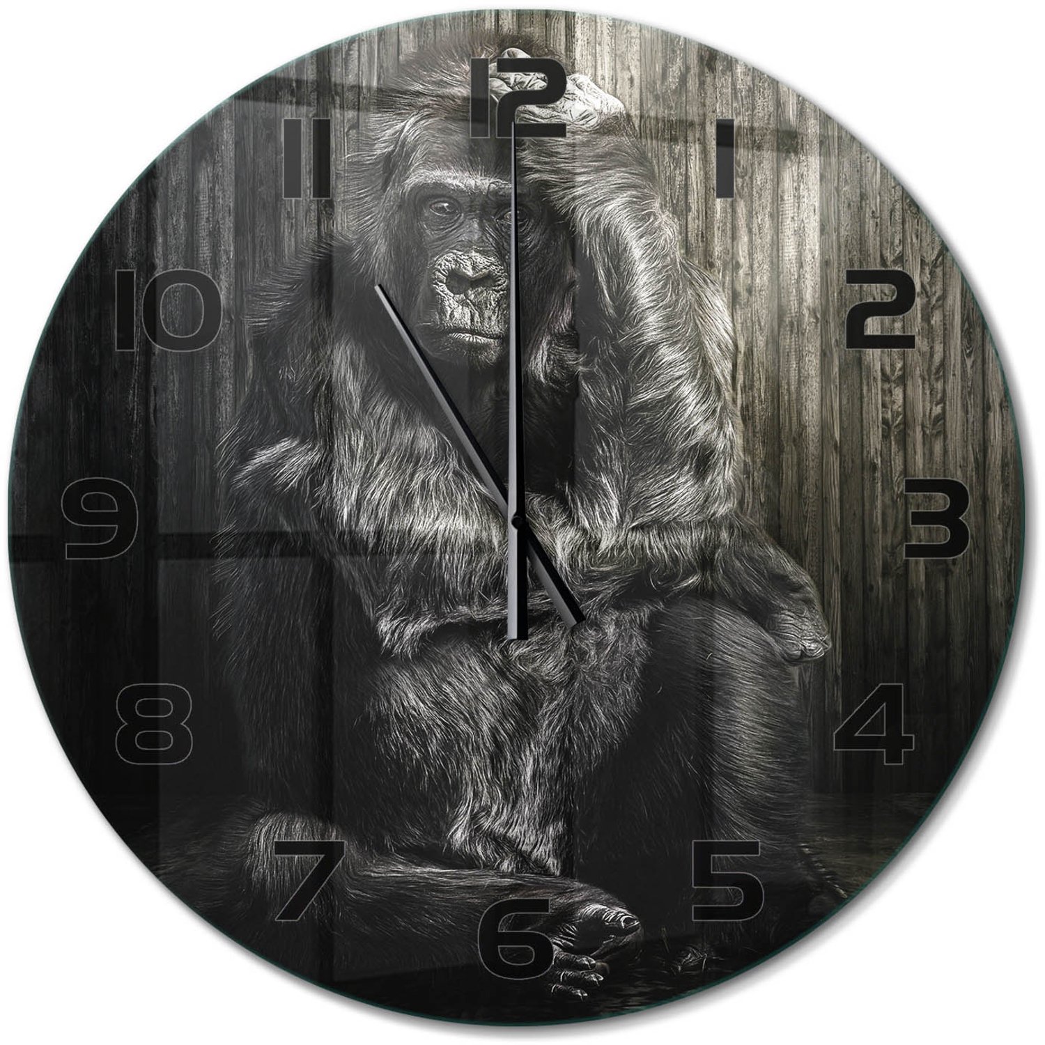 TULUP Wandklok - Gorilla Wandklok Glas Decoratie - fi60 cm - Zwart Gekleurde Glazen Klok - Zwarte handen - Ronde Klok - Klok Glas Met Opdruk - Moderne Wandklok Glas