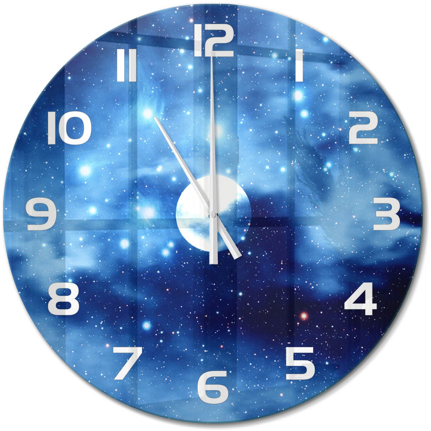 TULUP Wandklok - Volle maan Wandklok Glas Decoratie - fi60 cm - Blauw Gekleurde Glazen Klok - Witte handen - Ronde Klok - Klok Glas Met Opdruk - Moderne Wandklok Glas