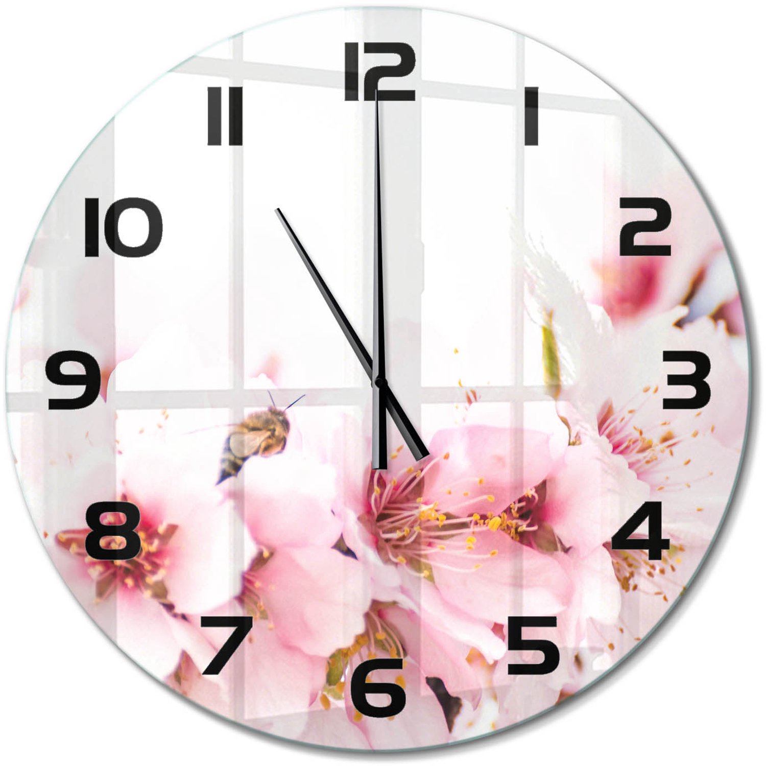 TULUP Wandklok - Kersenbloesem Klok Glas Met Opdruk - fi60 cm - Roze Moderne Wandklok Glas - Zwarte handen - Ronde Klok - Decoratieve Glazen Klok - Glazen Wandklok Design