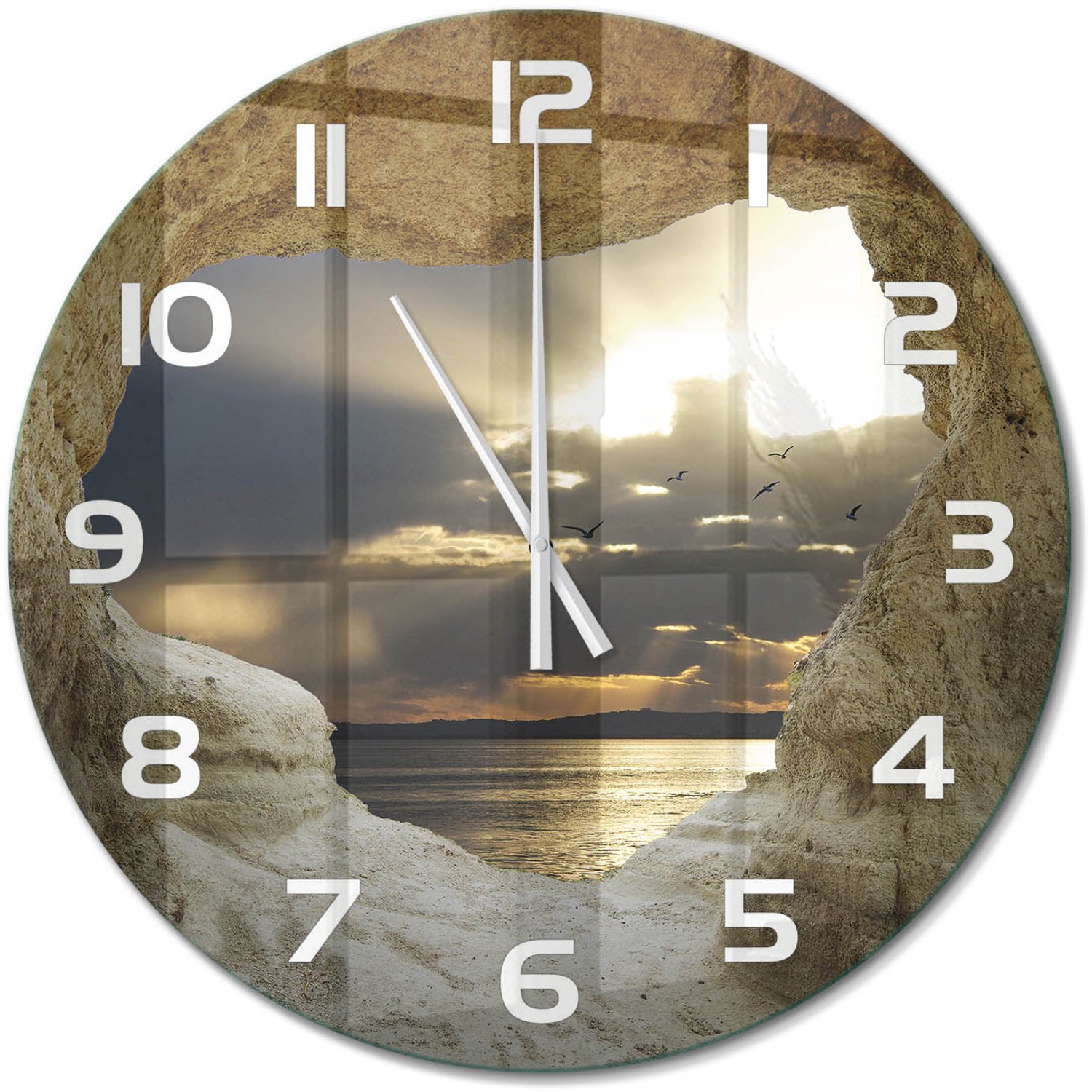 TULUP Wandklok - Zeegrot Moderne Wandklok Glas - fi60 cm - Beige Wandklok Glas Decoratie - Witte handen - Ronde Klok - Glazen Wandklok Design - Klok Glas Met Opdruk