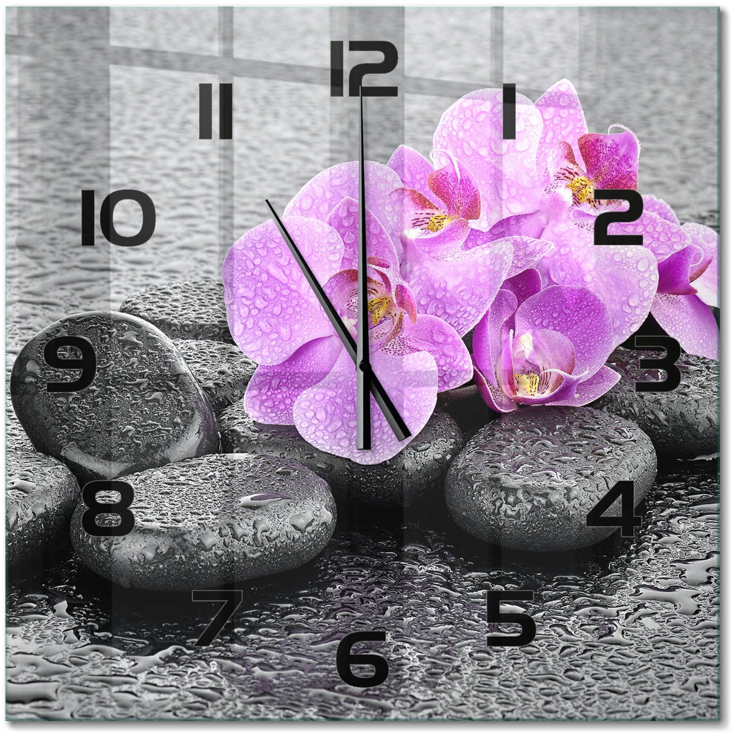 TULUP Wandklok - Orchideeënstenen Wandklok Glas Met Motief - 60x60 cm - Roze Decoratieve Glazen Klok - Zwarte handen - Vierkante Klok - Gekleurde Glazen Klok - Glazen Klok Met Print