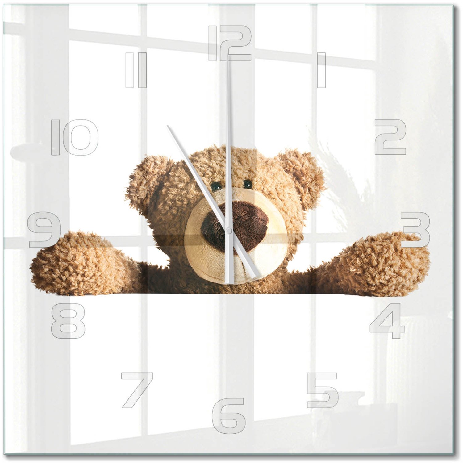 TULUP Wandklok - Beer Wandklok Glas Decoratie - 60x60 cm - Bruin Gekleurde Glazen Klok - Witte handen - Vierkante Klok - Klok Glas Met Opdruk - Moderne Wandklok Glas