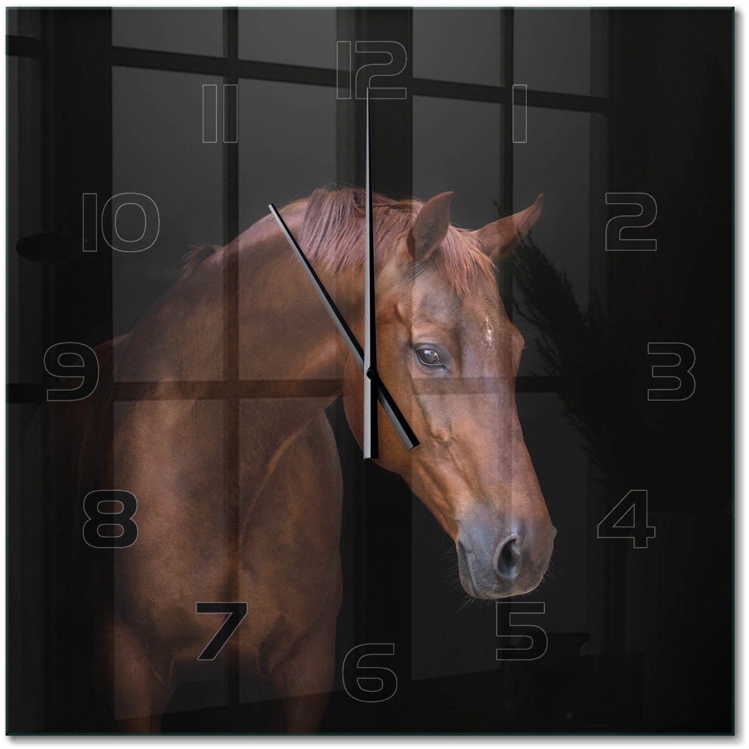 TULUP Wandklok - Bruin Paard Decoratieve Glazen Klok - 60x60 cm - Bruin Glazen Wandklok Design - Zwarte handen - Vierkante Klok - Glazen Klok Met Print - Wandklok Glas Met Motief