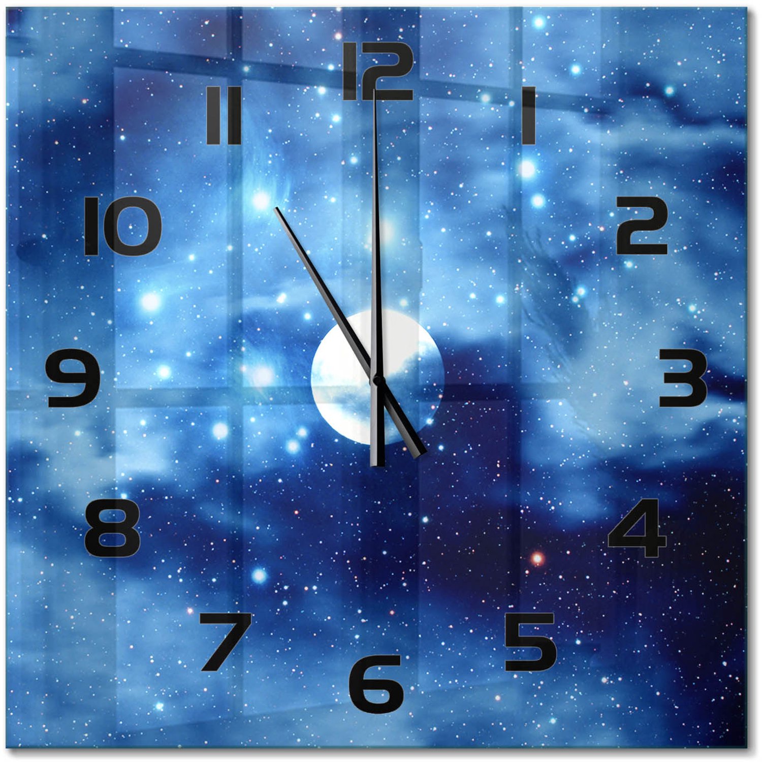 TULUP Wandklok - Volle maan Moderne Wandklok Glas - 60x60 cm - Blauw Wandklok Glas Decoratie - Zwarte handen - Vierkante Klok - Glazen Wandklok Design - Klok Glas Met Opdruk
