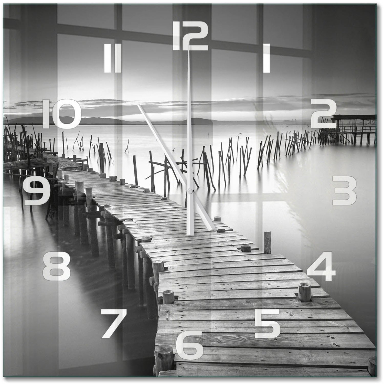 TULUP Wandklok - Houten brug Gekleurde Glazen Klok - 60x60 cm - Zwart-wit Glazen Klok Met Print - Witte handen - Vierkante Klok - Moderne Wandklok Glas - Wandklok Glas Decoratie