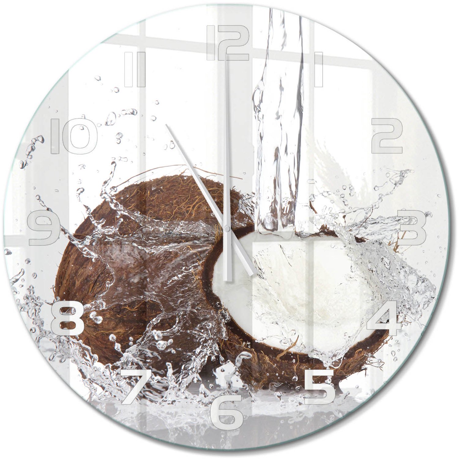 TULUP Wandklok - Kokosnoot Decoratieve Glazen Klok - fi60 cm - Bruin Glazen Wandklok Design - Witte handen - Ronde Klok - Glazen Klok Met Print - Wandklok Glas Met Motief