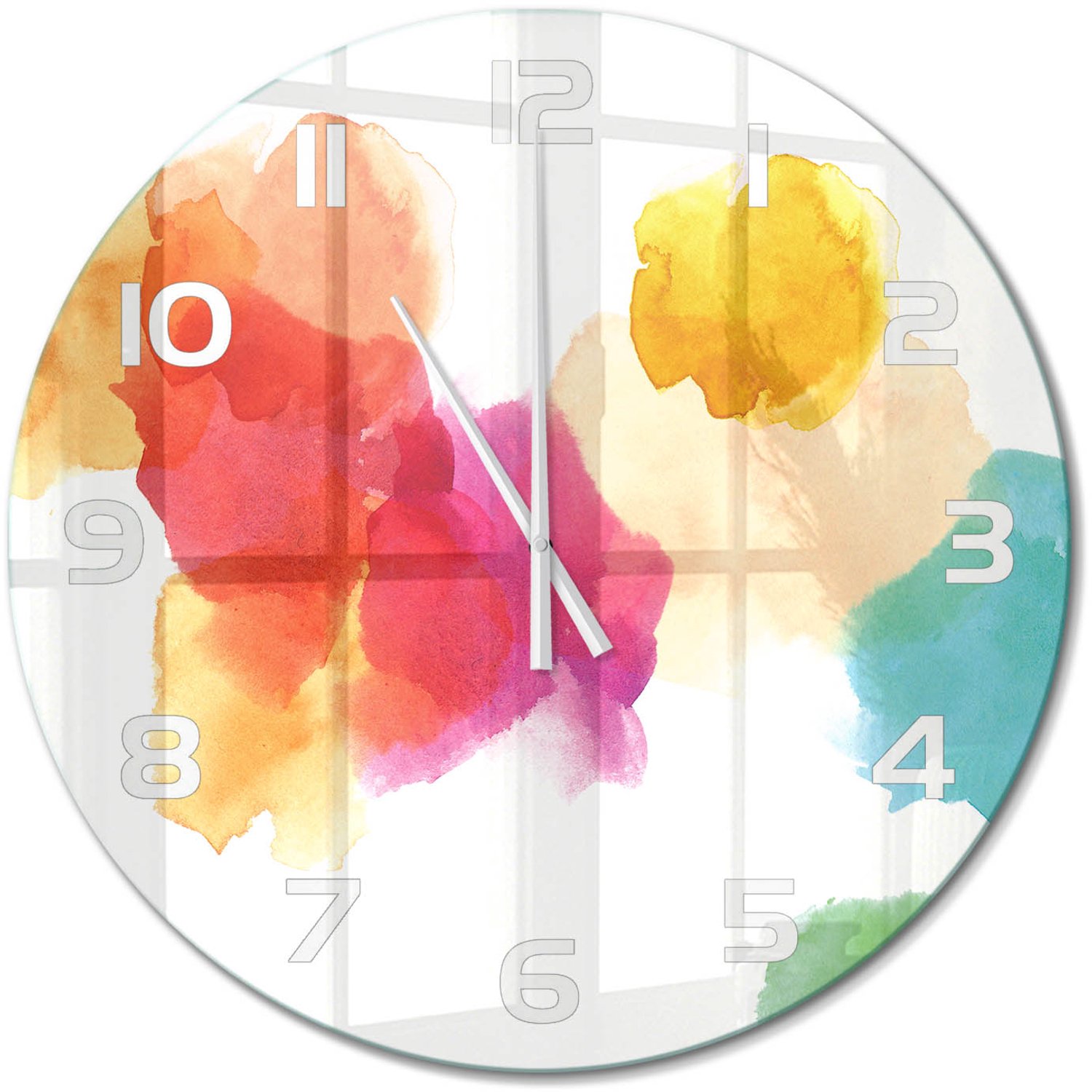 TULUP Wandklok - Kleurrijke vlekken Klok Glas Met Opdruk - fi60 cm - Veelkleurig Moderne Wandklok Glas - Witte handen - Ronde Klok - Decoratieve Glazen Klok - Glazen Wandklok Design
