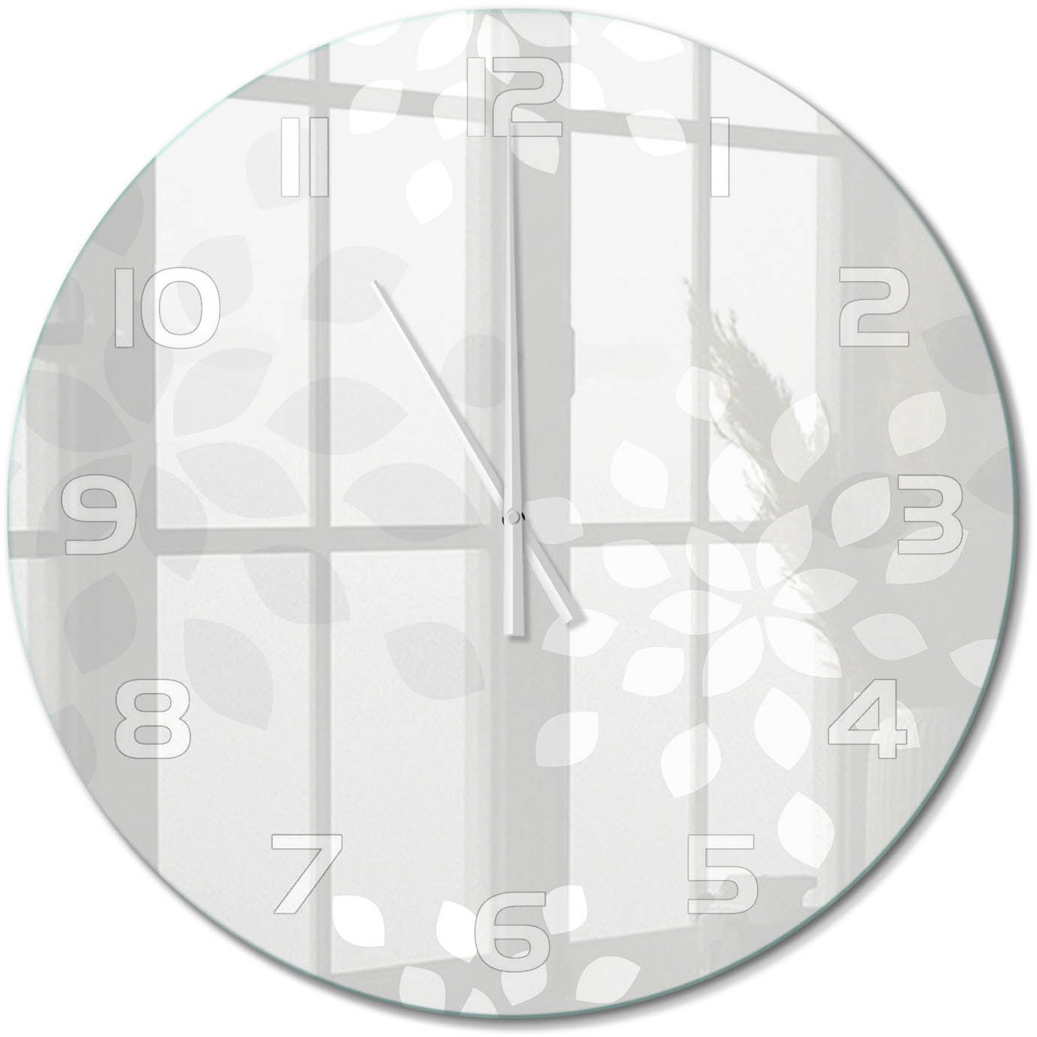 TULUP Wandklok - Bloemenpatroon Gekleurde Glazen Klok - fi60 cm - Grijs Glazen Klok Met Print - Witte handen - Ronde Klok - Moderne Wandklok Glas - Wandklok Glas Decoratie